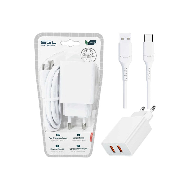 Αντάπτορας φόρτισης με καλώδιο και 2 θύρες USB - TypeC - Quick Charge - D1-S2 - 1m - 099576