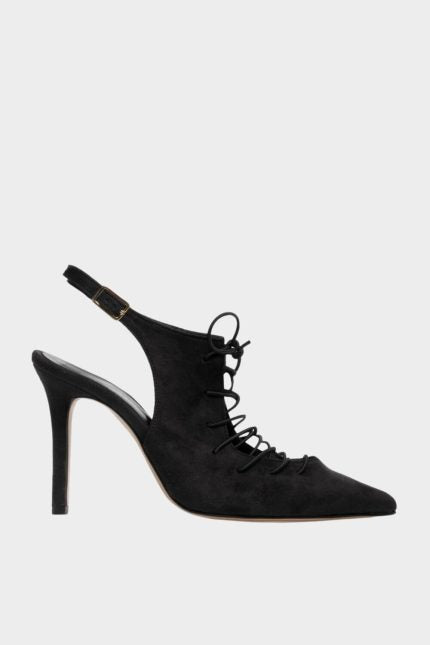 Γόβα Sante μαύρη καστόρι slingback με κορδόνια