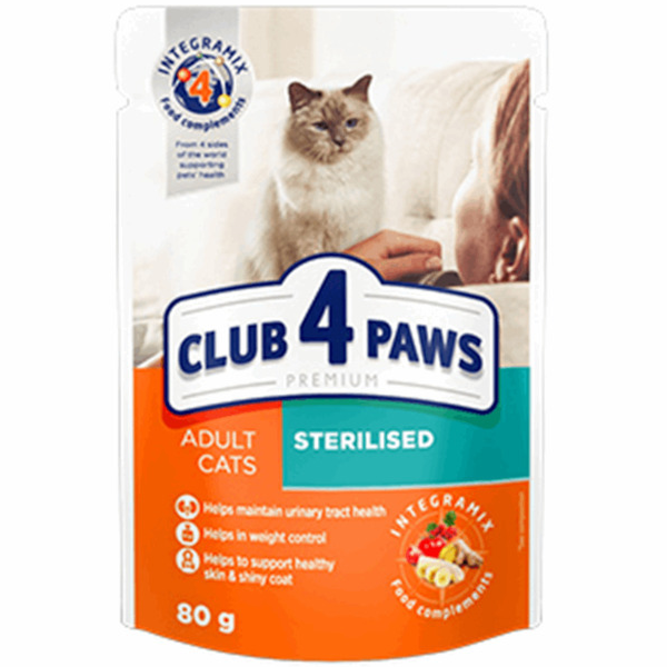 Club 4 Paws Φακελάκι Υγρή Τροφή για Ενήλικες Στειρωμένες Γάτες σε Φακελάκι με Κοτόπουλο Sterilised 80gr