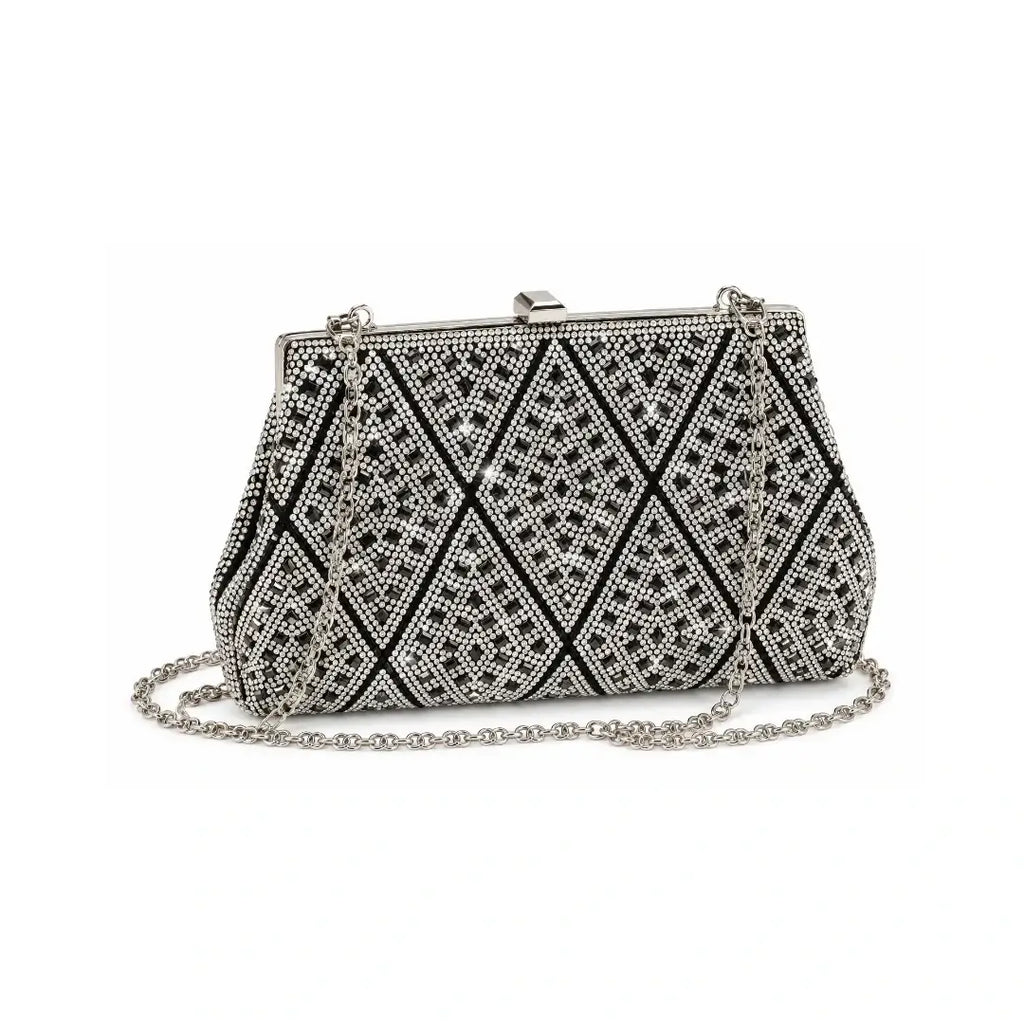 Γυναικείο Βραδινό Clutch με Μαύρα & Ασημί Στρας & Αποσπώμενη Αλυσίδα