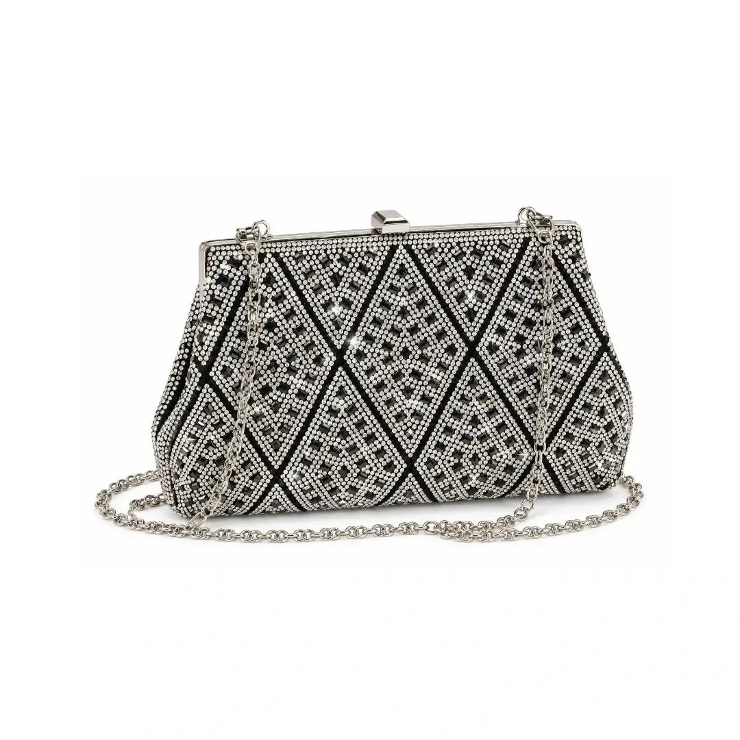 Γυναικείο Βραδινό Clutch με Μαύρα & Ασημί Στρας & Αποσπώμενη Αλυσίδα