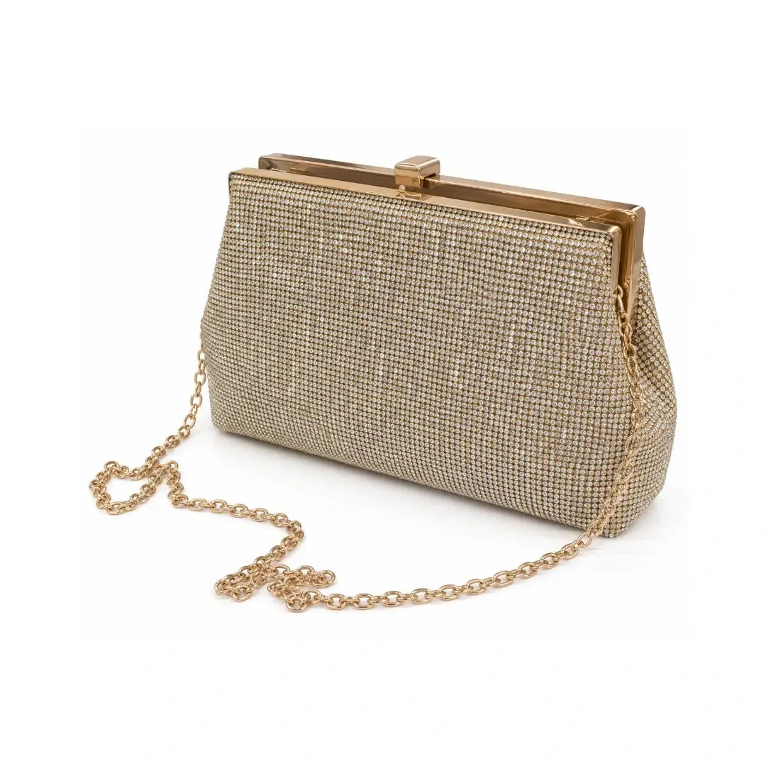 Γυναικείο Βραδινό Clutch με Χρυσά & Διάφανα Στρας & Αποσπώμενη Αλυσίδα