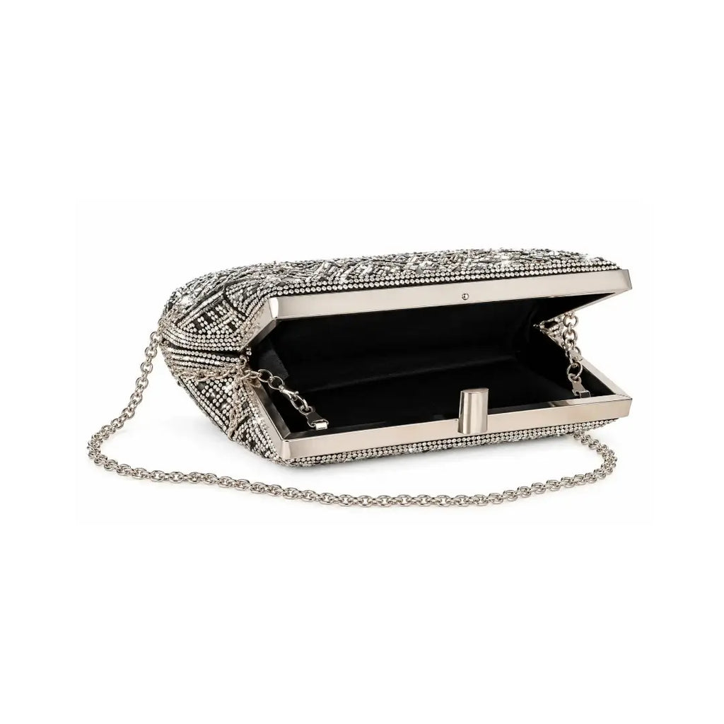 Γυναικείο Βραδινό Clutch με Μαύρα & Ασημί Στρας & Αποσπώμενη Αλυσίδα