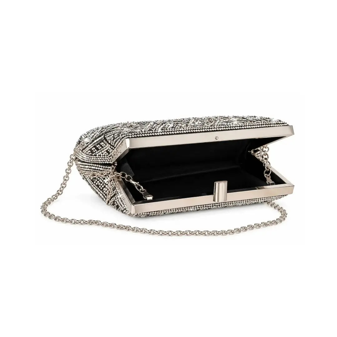 Γυναικείο Βραδινό Clutch με Μαύρα & Ασημί Στρας & Αποσπώμενη Αλυσίδα