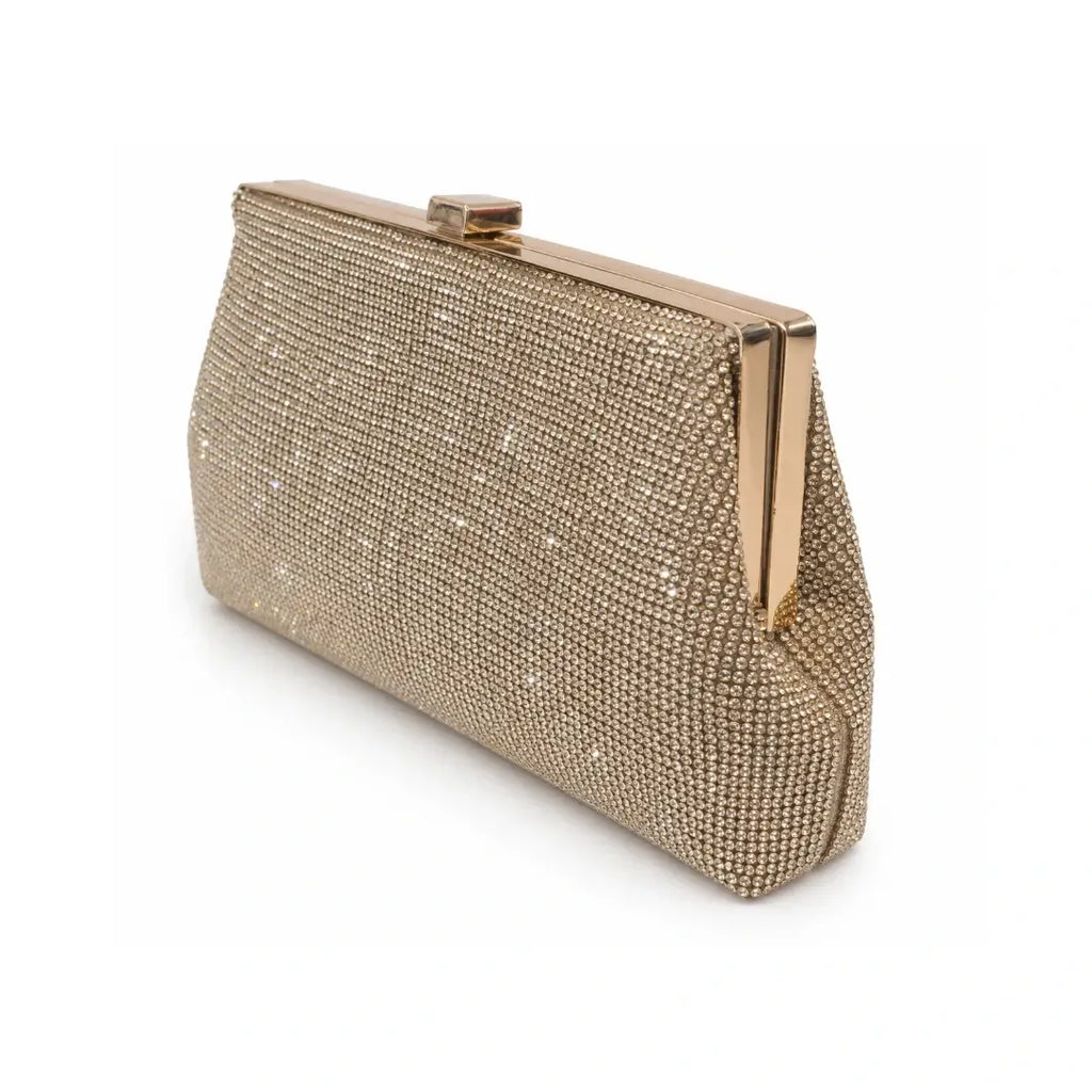 Γυναικείο Βραδινό Clutch με Χρυσά & Διάφανα Στρας & Αποσπώμενη Αλυσίδα