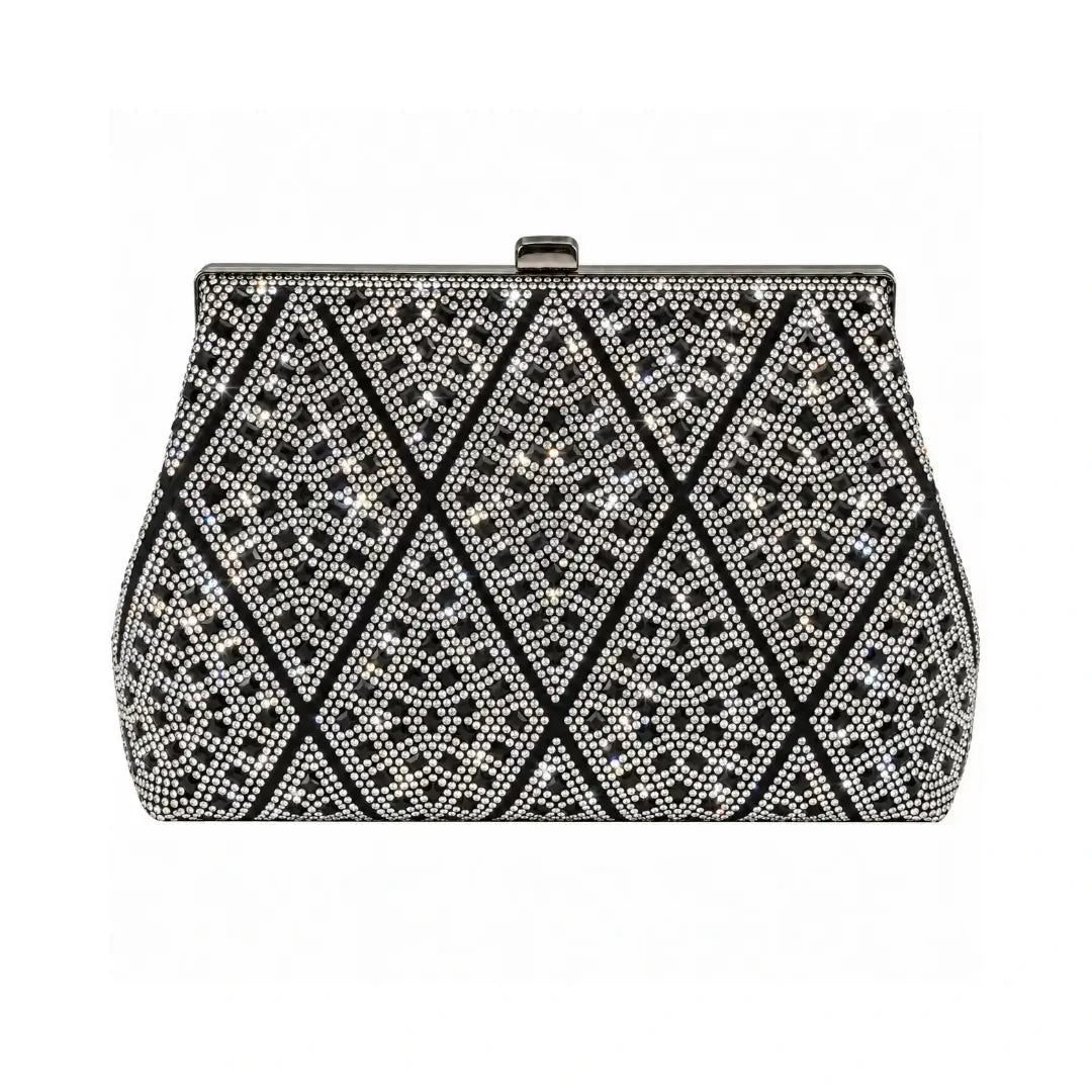 Γυναικείο Βραδινό Clutch με Μαύρα & Ασημί Στρας & Αποσπώμενη Αλυσίδα