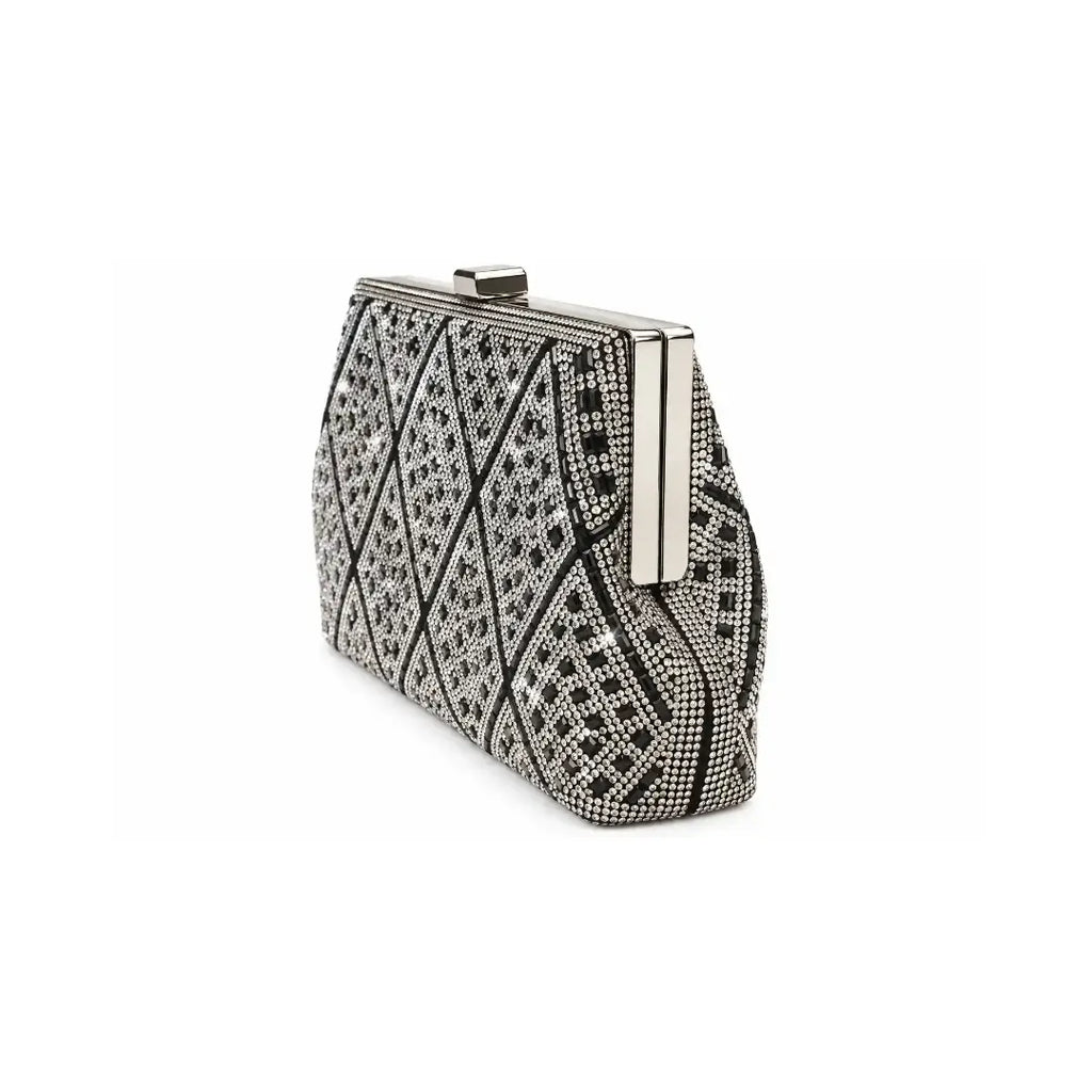 Γυναικείο Βραδινό Clutch με Μαύρα & Ασημί Στρας & Αποσπώμενη Αλυσίδα