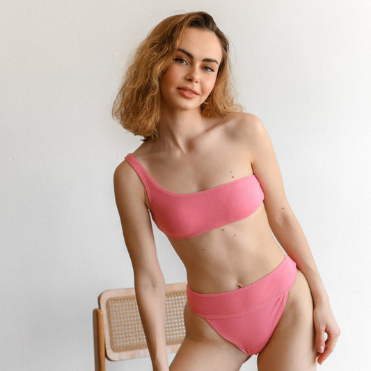 SWI-119 Μαγιό μπικίνι ψηλόμεσο πετσετέ ένας ώμος ροζ