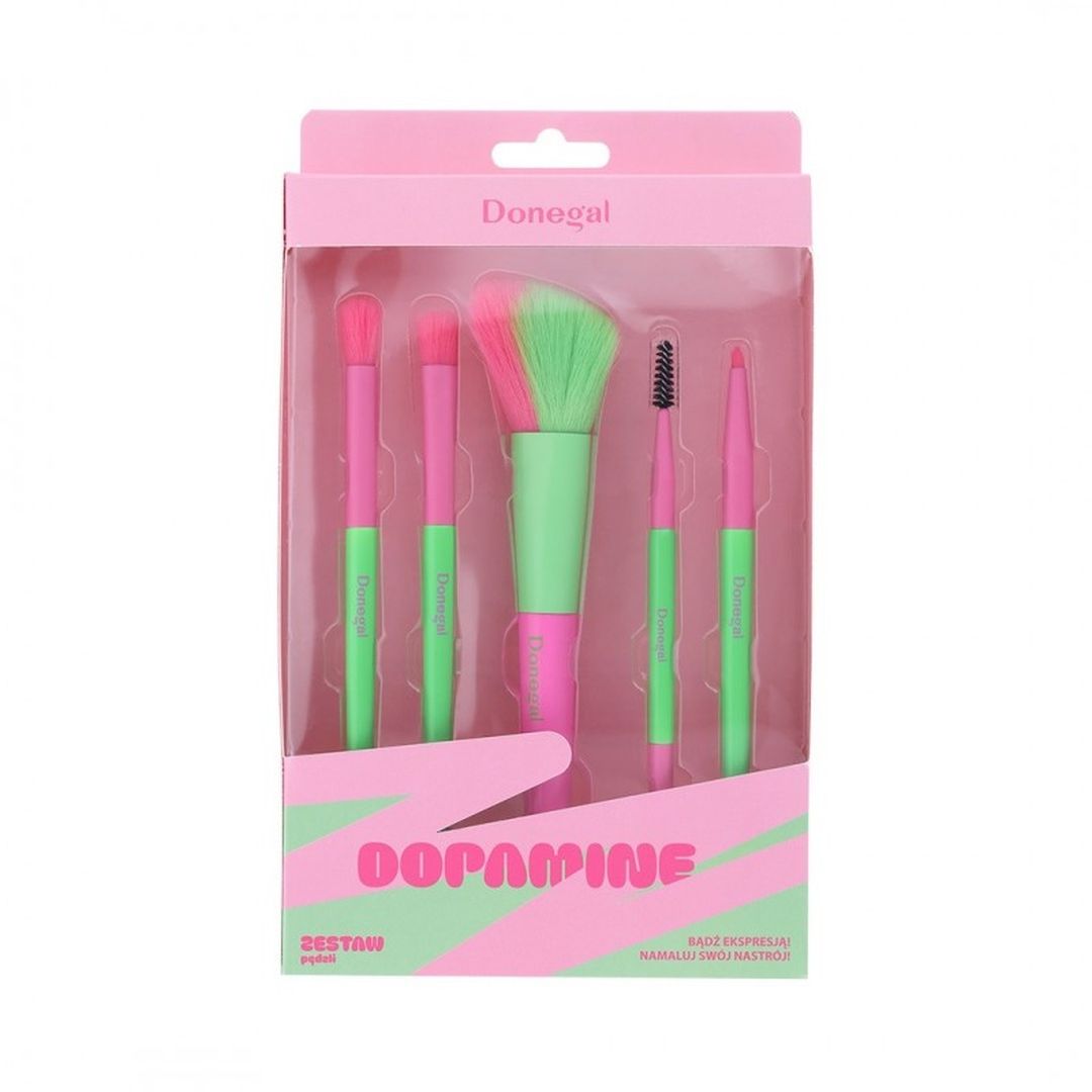 Donegal | Dopamine Makeup Brush Set | 5 Essential Synthetic Brushes | Trendy Pink & Neon Green Design | D4297