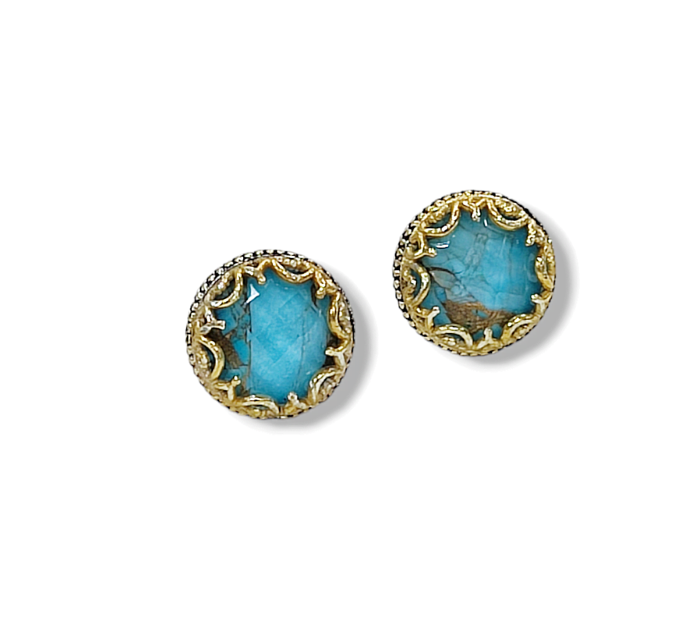 Σκουλαρίκια βυζαντινά χειροποίητα καρφωτά από ασήμι 925 και γαλάζιο αχάτη