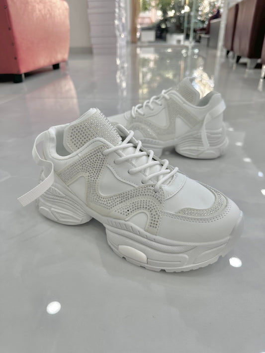 Sneaker Δίσολο με Τρακτερωτό Πάτο White/Strass