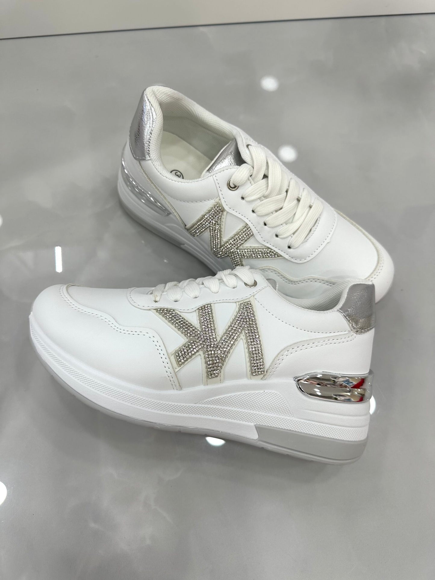Sneaker Πλατφόρμα με Ασημένιες Strass Λεπτομέρειες White