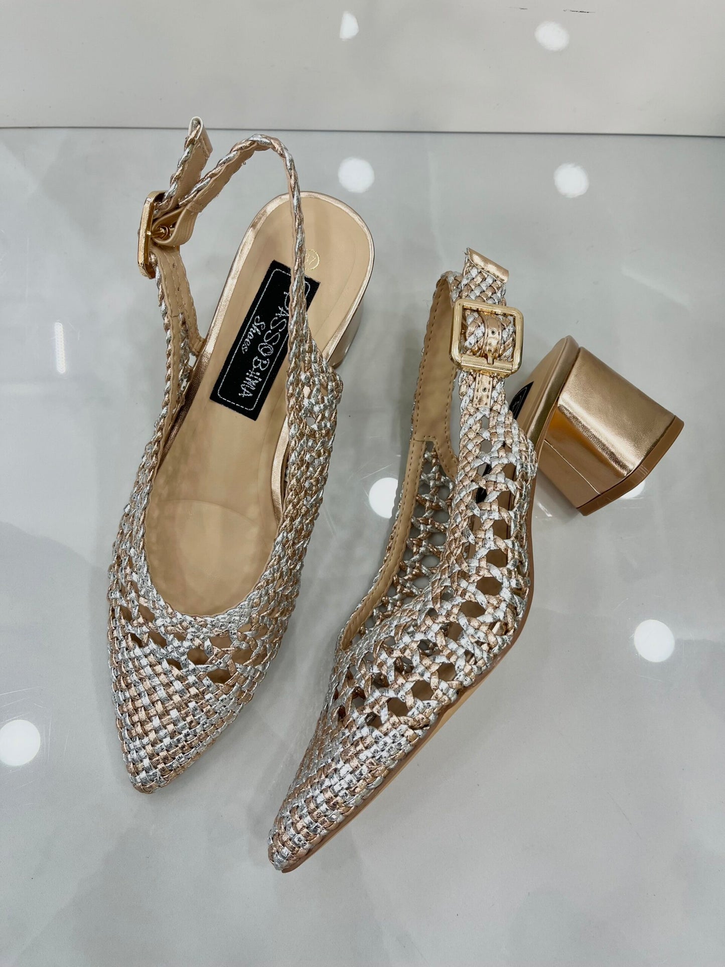 Slingback με Πλέξη και Χοντρό Μεσαίο Τακούνι Silver/Bronze