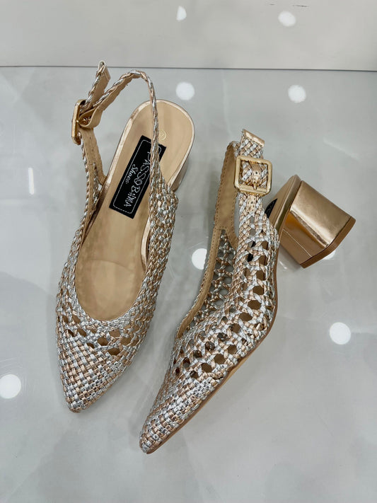Slingback με Πλέξη και Χοντρό Μεσαίο Τακούνι Silver/Bronze