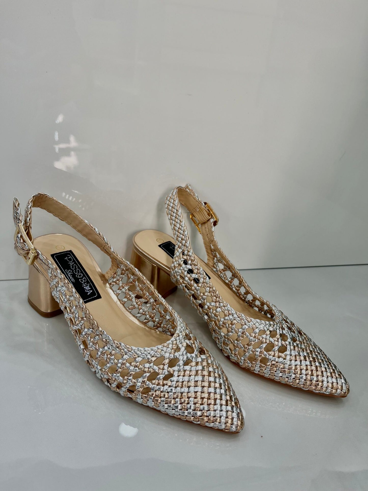 Slingback με Πλέξη και Χοντρό Μεσαίο Τακούνι Silver/Bronze