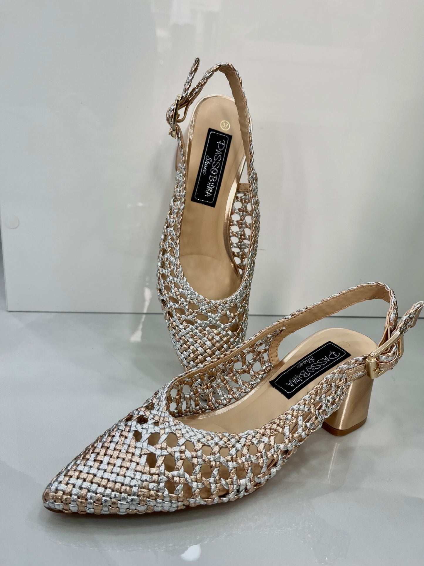 Slingback με Πλέξη και Χοντρό Μεσαίο Τακούνι Silver/Bronze