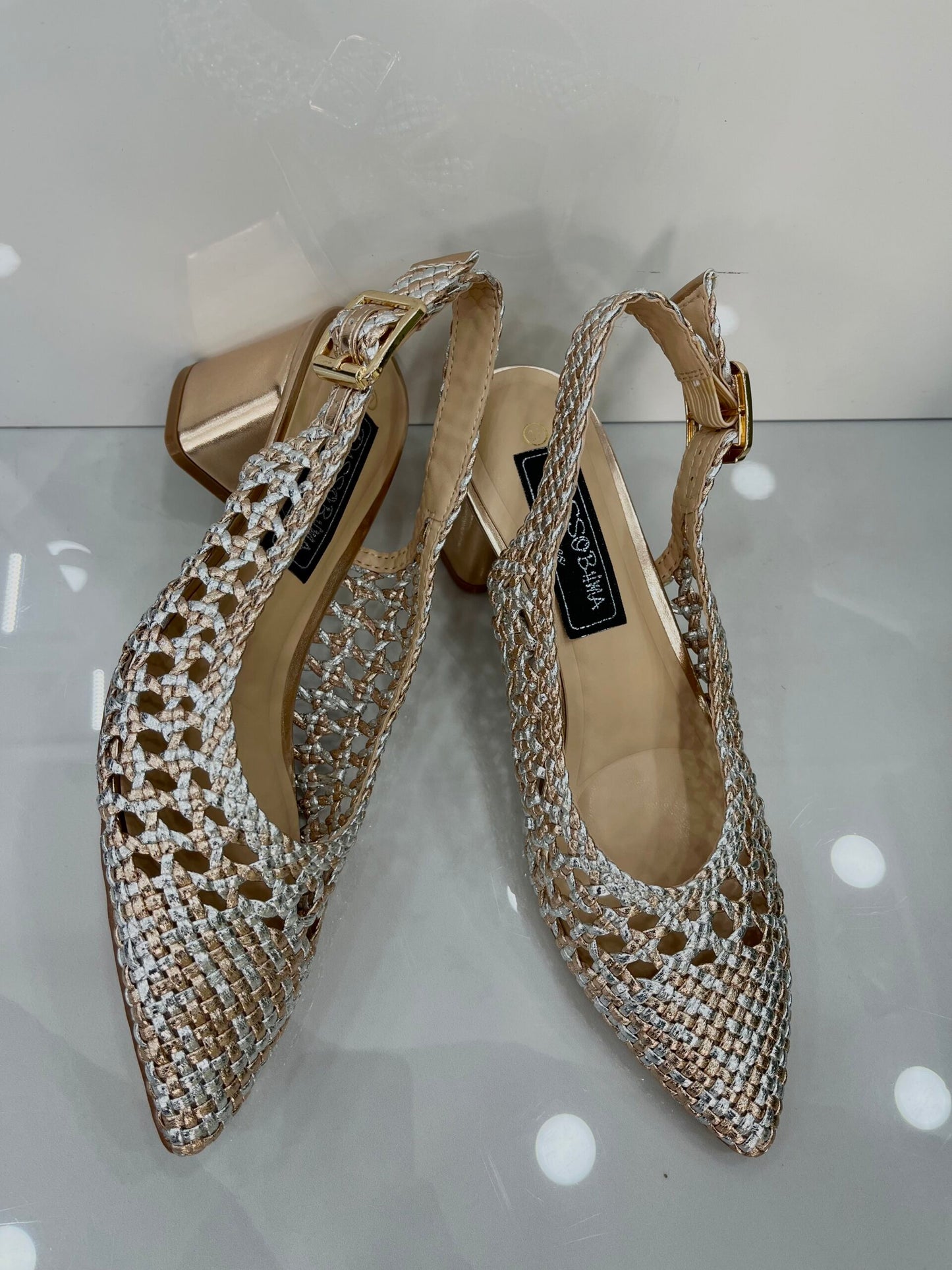 Slingback με Πλέξη και Χοντρό Μεσαίο Τακούνι Silver/Bronze