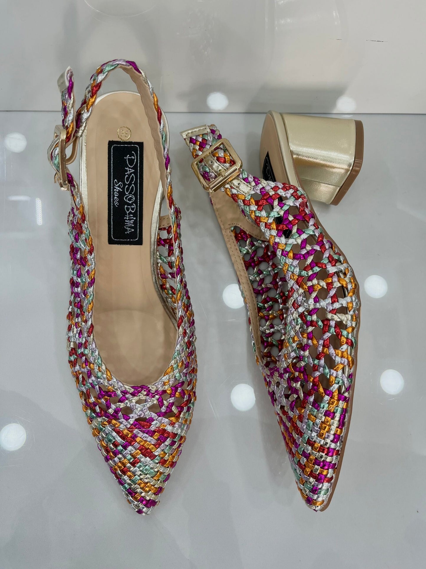 Slingback με Πλέξη και Χοντρό Μεσαίο Τακούνι Silver/Colourfull