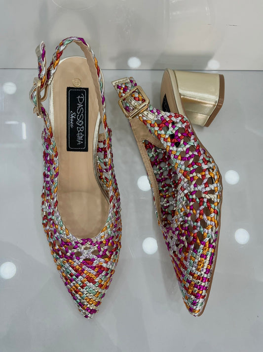 Slingback με Πλέξη και Χοντρό Μεσαίο Τακούνι Silver/Colourfull