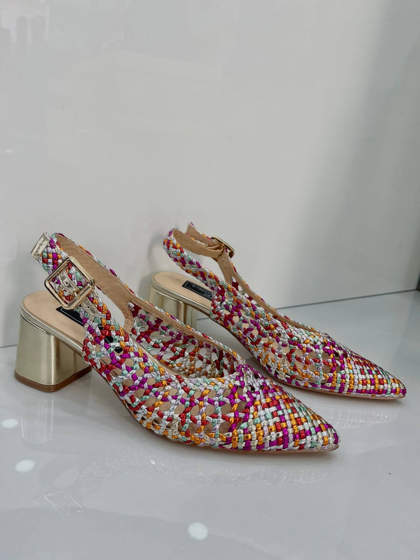 Slingback με Πλέξη και Χοντρό Μεσαίο Τακούνι Silver/Colourfull