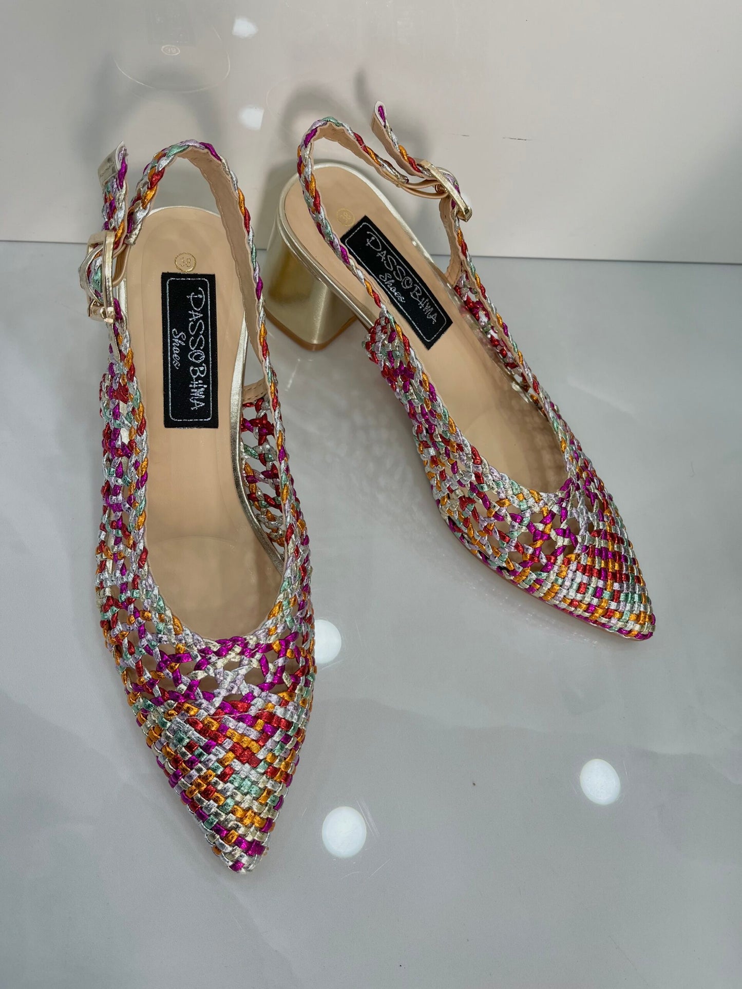 Slingback με Πλέξη και Χοντρό Μεσαίο Τακούνι Silver/Colourfull