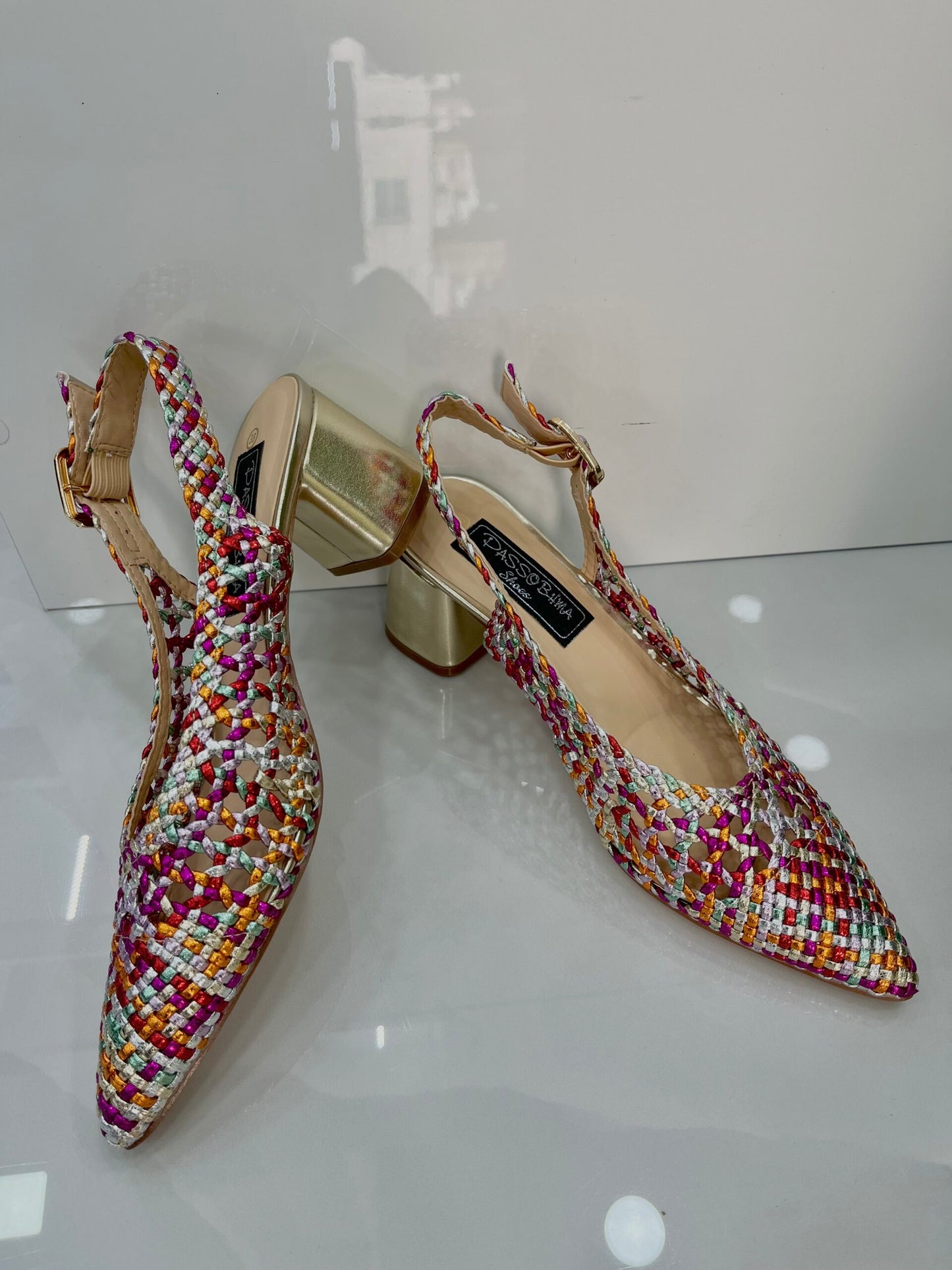 Slingback με Πλέξη και Χοντρό Μεσαίο Τακούνι Silver/Colourfull