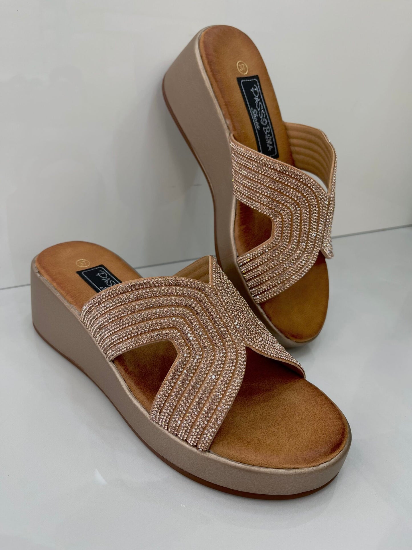 Flatform Παντόφλα με Strass Champagne