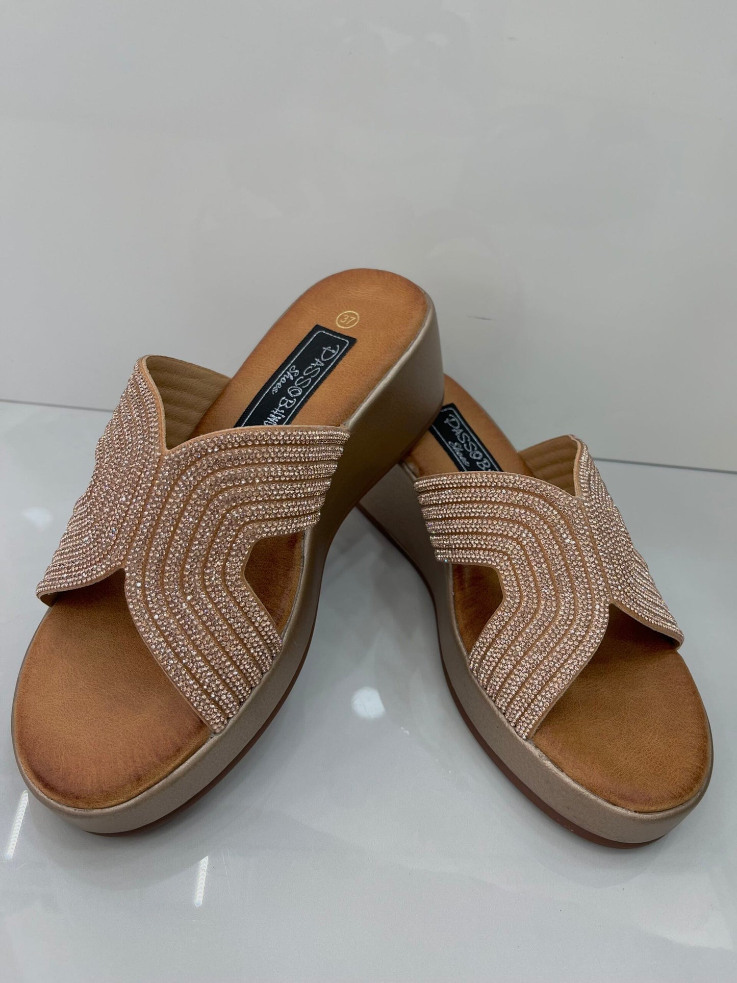 Flatform Παντόφλα με Strass Champagne