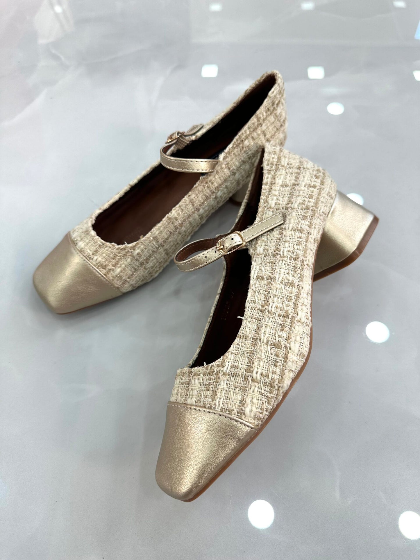 Μπαλαρίνα Καστόρ με Τακουνάκι και Μπαρέτα Gold/Beige
