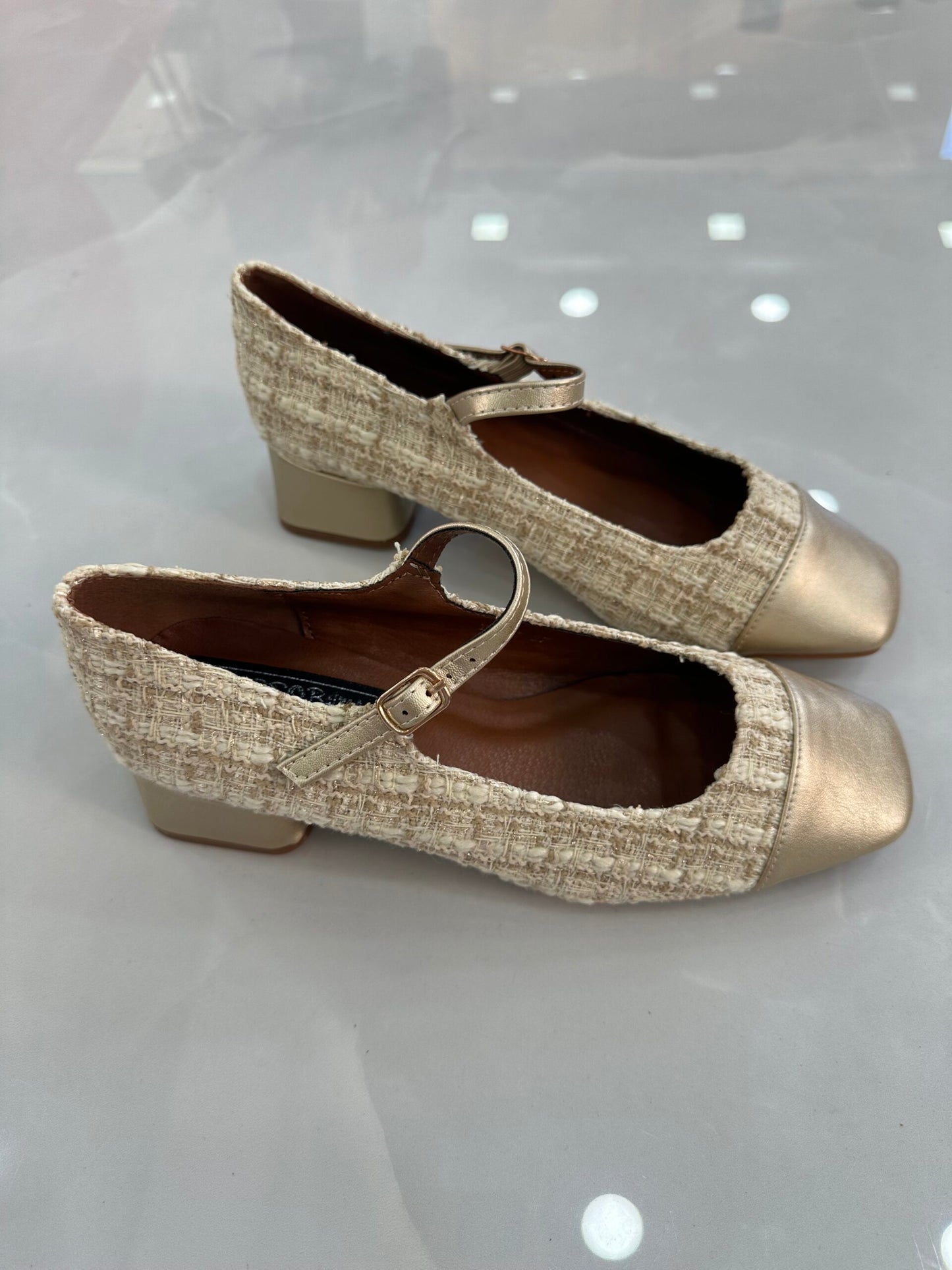 Μπαλαρίνα Καστόρ με Τακουνάκι και Μπαρέτα Gold/Beige