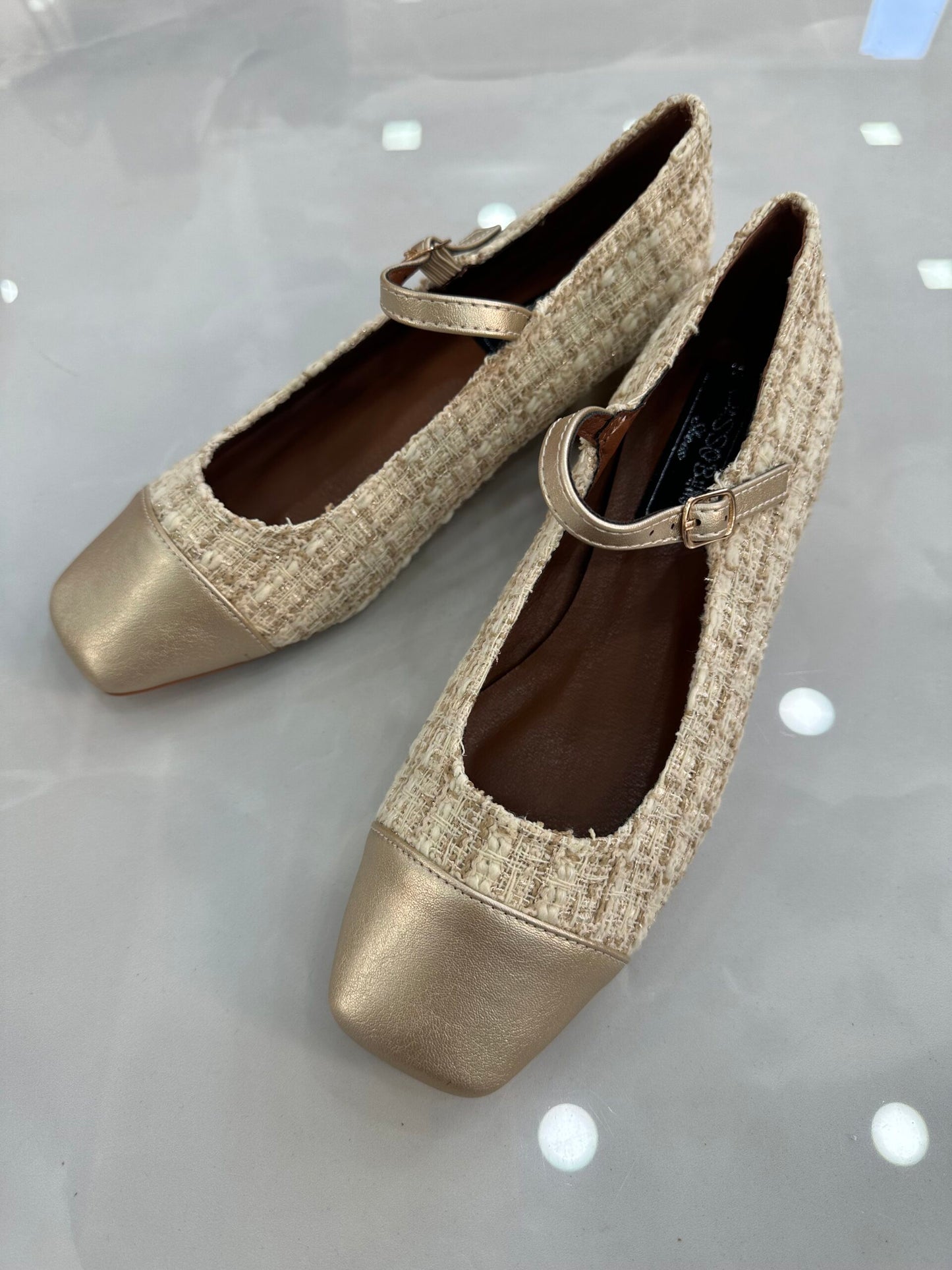 Μπαλαρίνα Καστόρ με Τακουνάκι και Μπαρέτα Gold/Beige