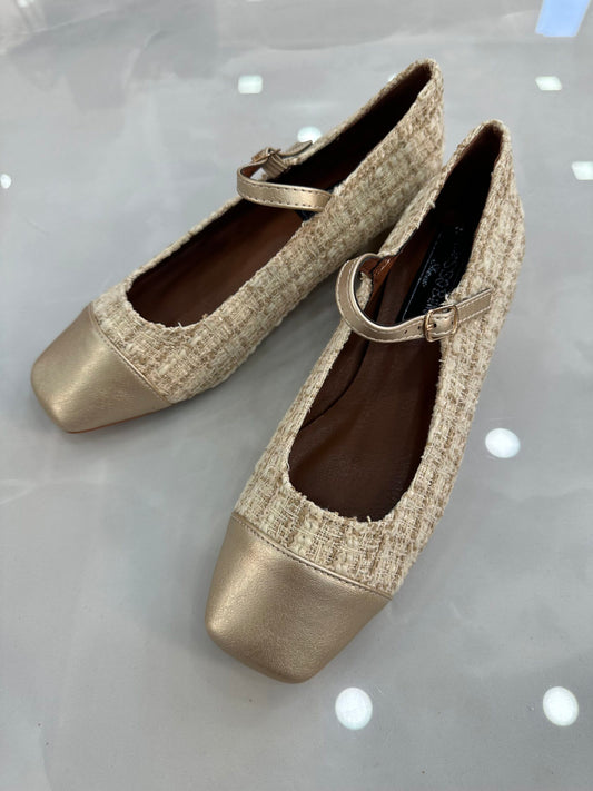 Μπαλαρίνα Καστόρ με Τακουνάκι και Μπαρέτα Gold/Beige