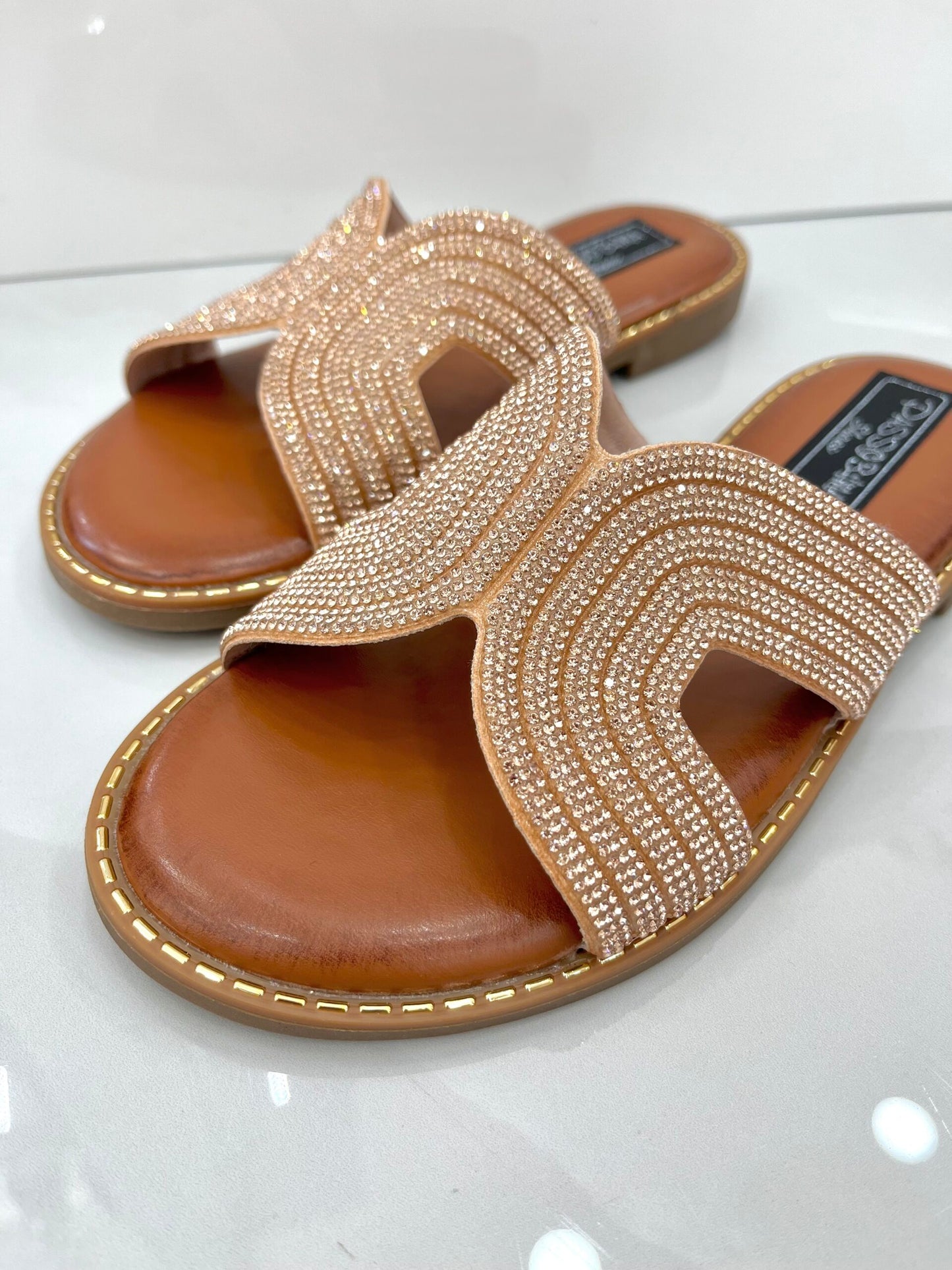 Flat Παντοφλάκια με Strass Champagne
