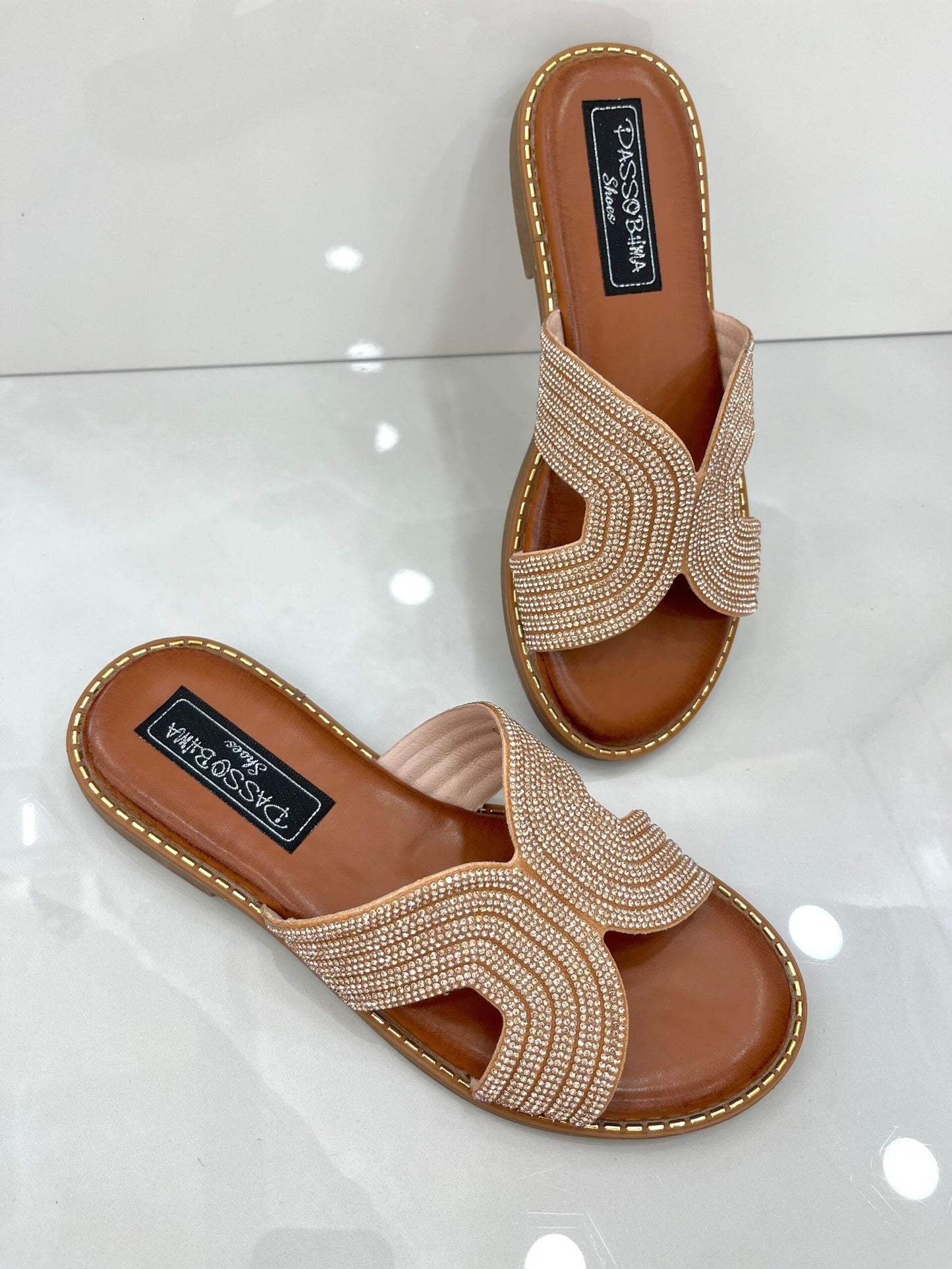 Flat Παντοφλάκια με Strass Champagne