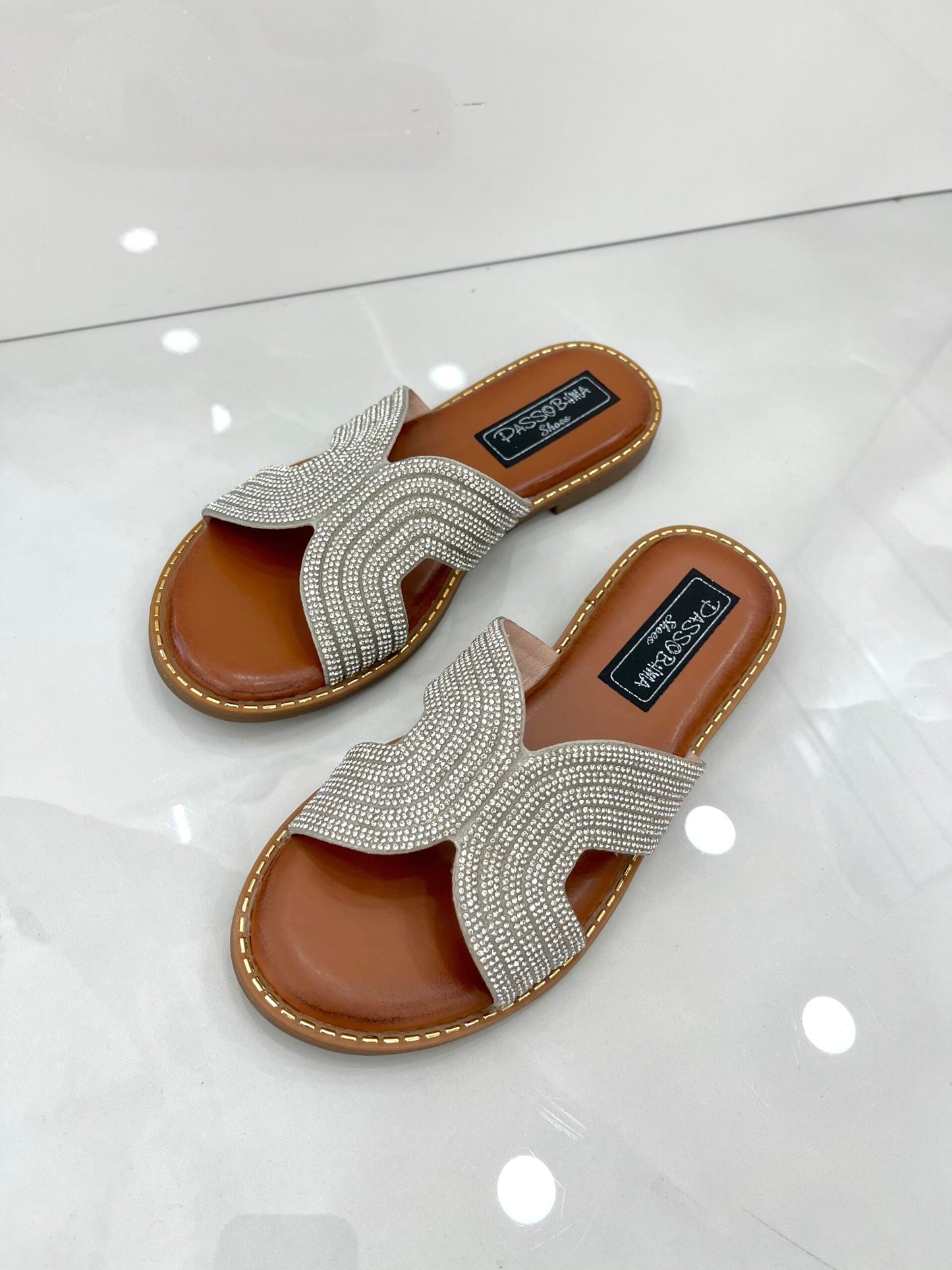 Flat Παντοφλάκια με Strass Silver