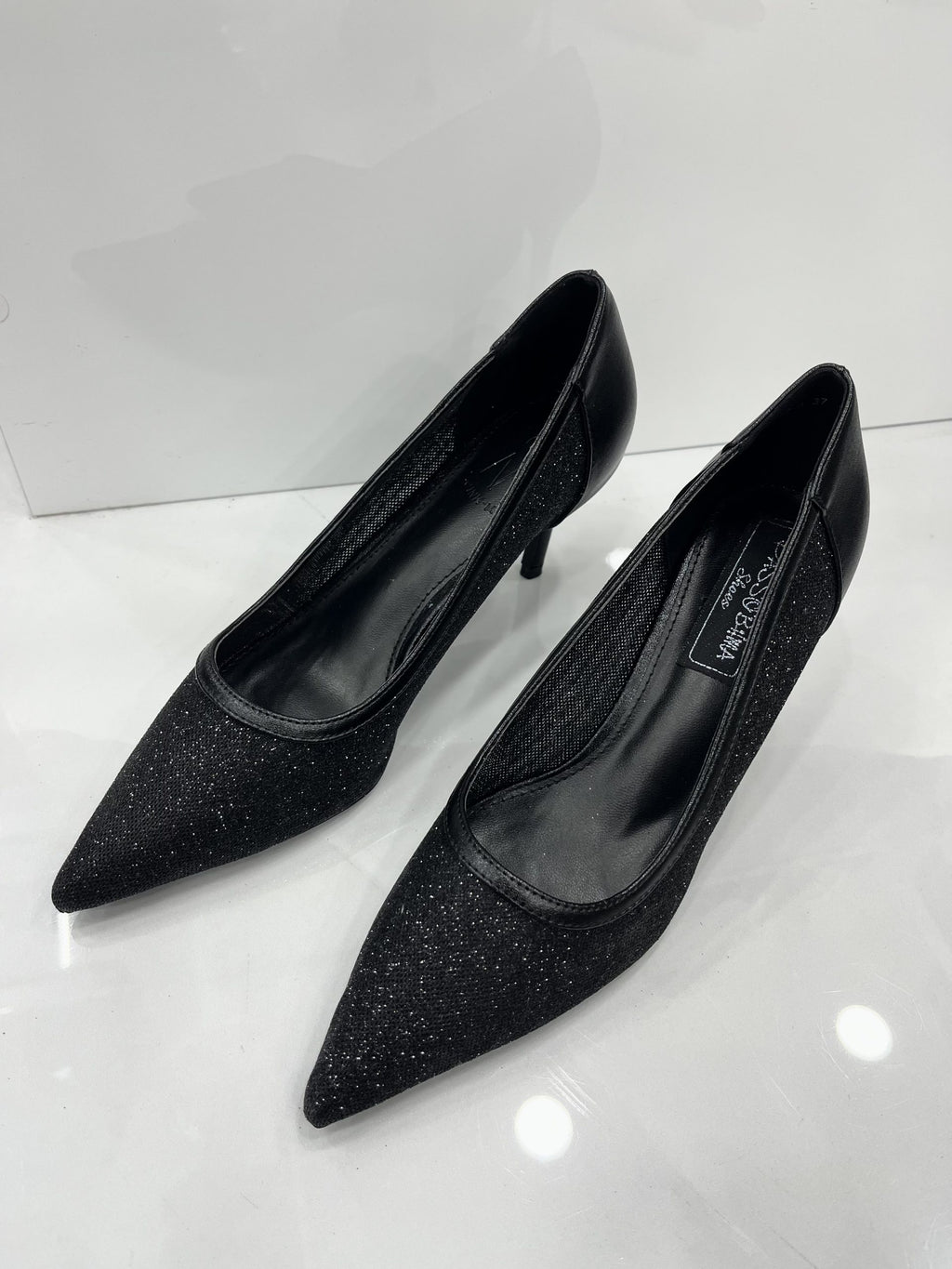 Heels Strass με Μεσαίο Λεπτό Τακούνι Black