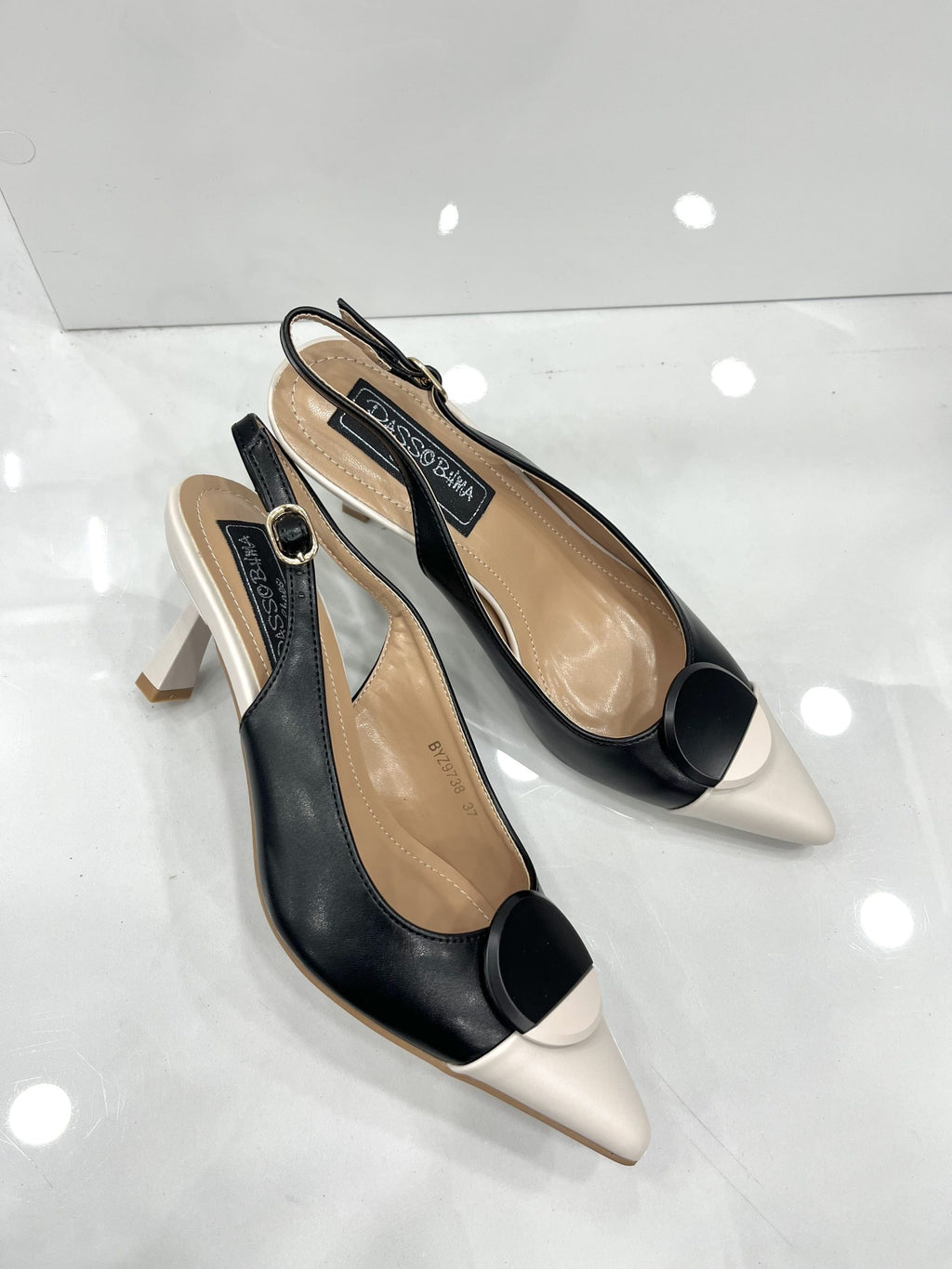 Heels Mule με Λεπτό Χαμηλό Τακούνι Beige/Black