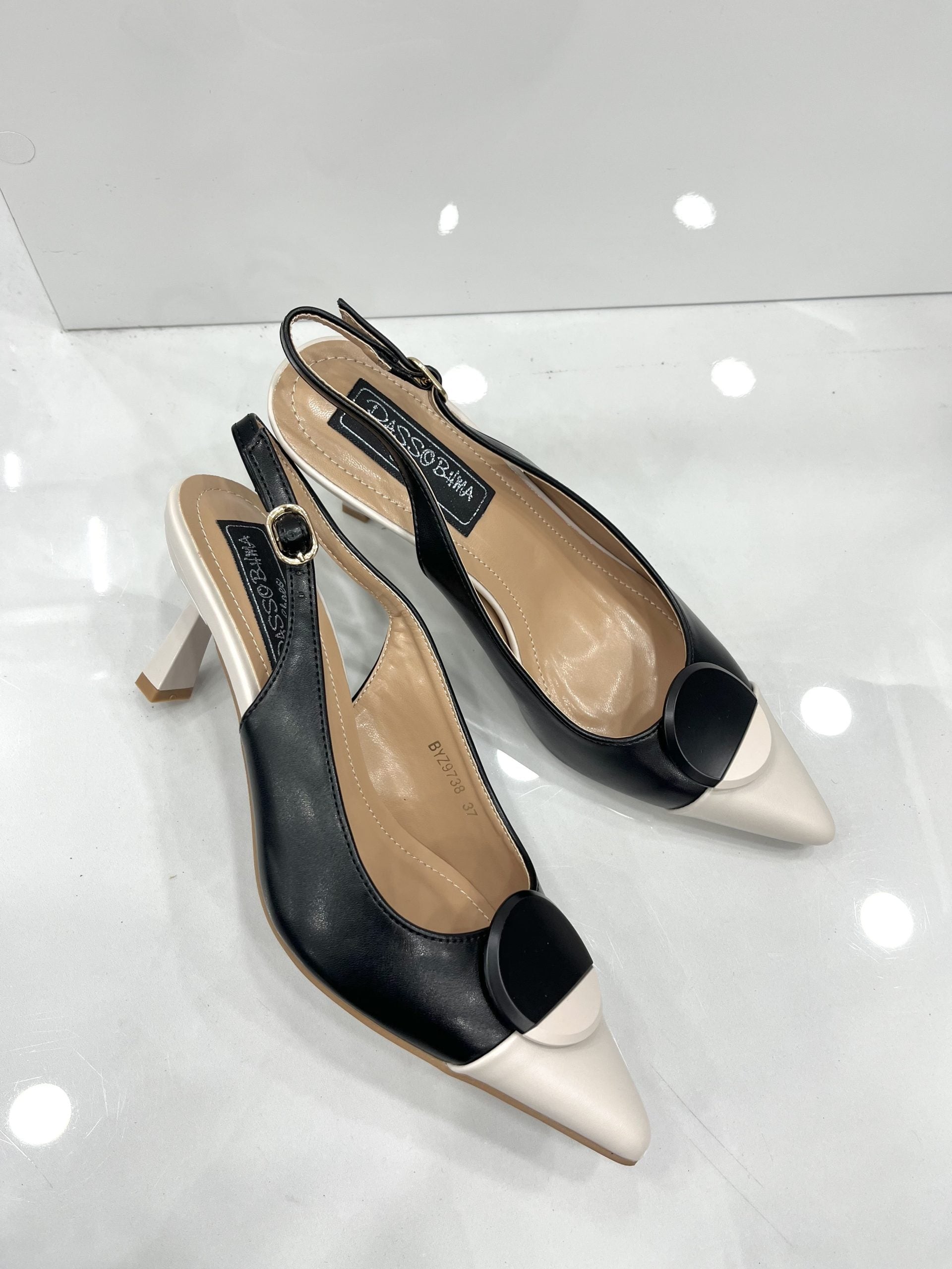 Heels Mule με Λεπτό Χαμηλό Τακούνι Beige/Black