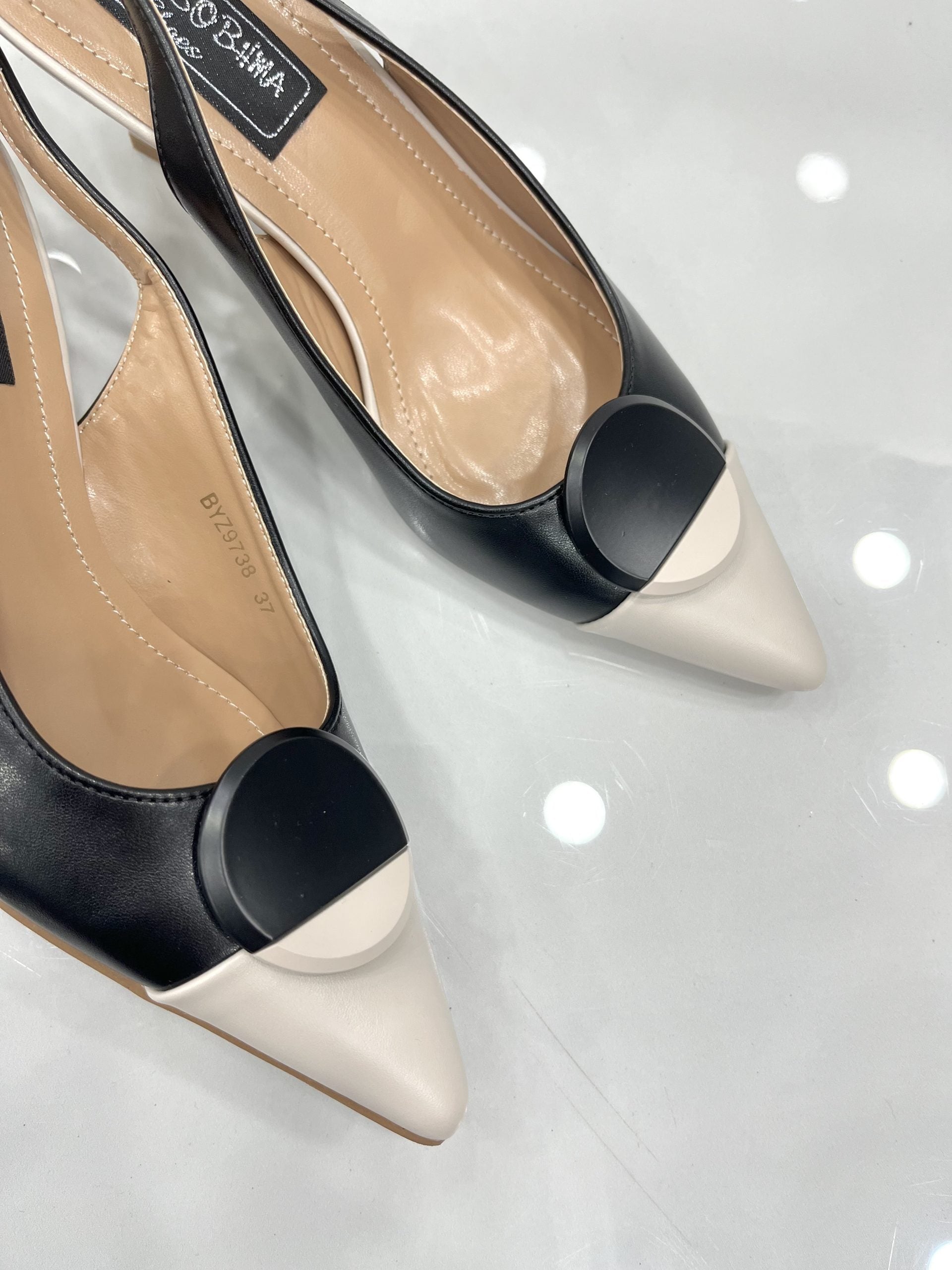 Heels Mule με Λεπτό Χαμηλό Τακούνι Beige/Black