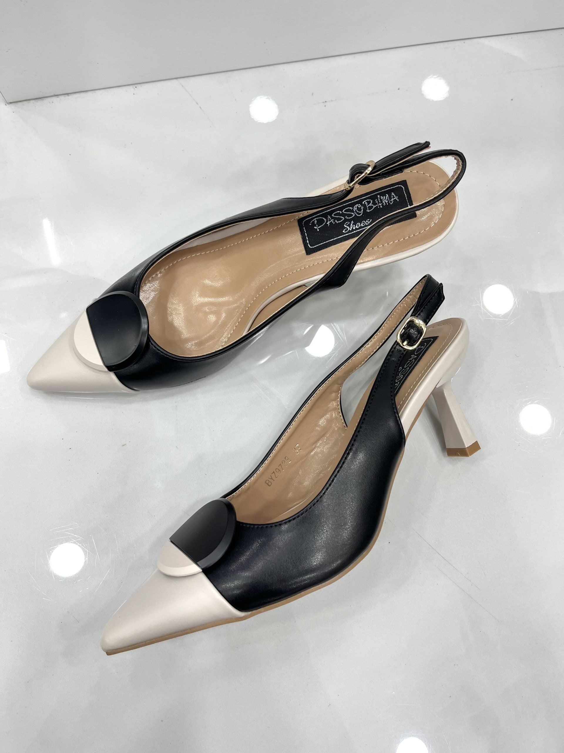 Heels Mule με Λεπτό Χαμηλό Τακούνι Beige/Black