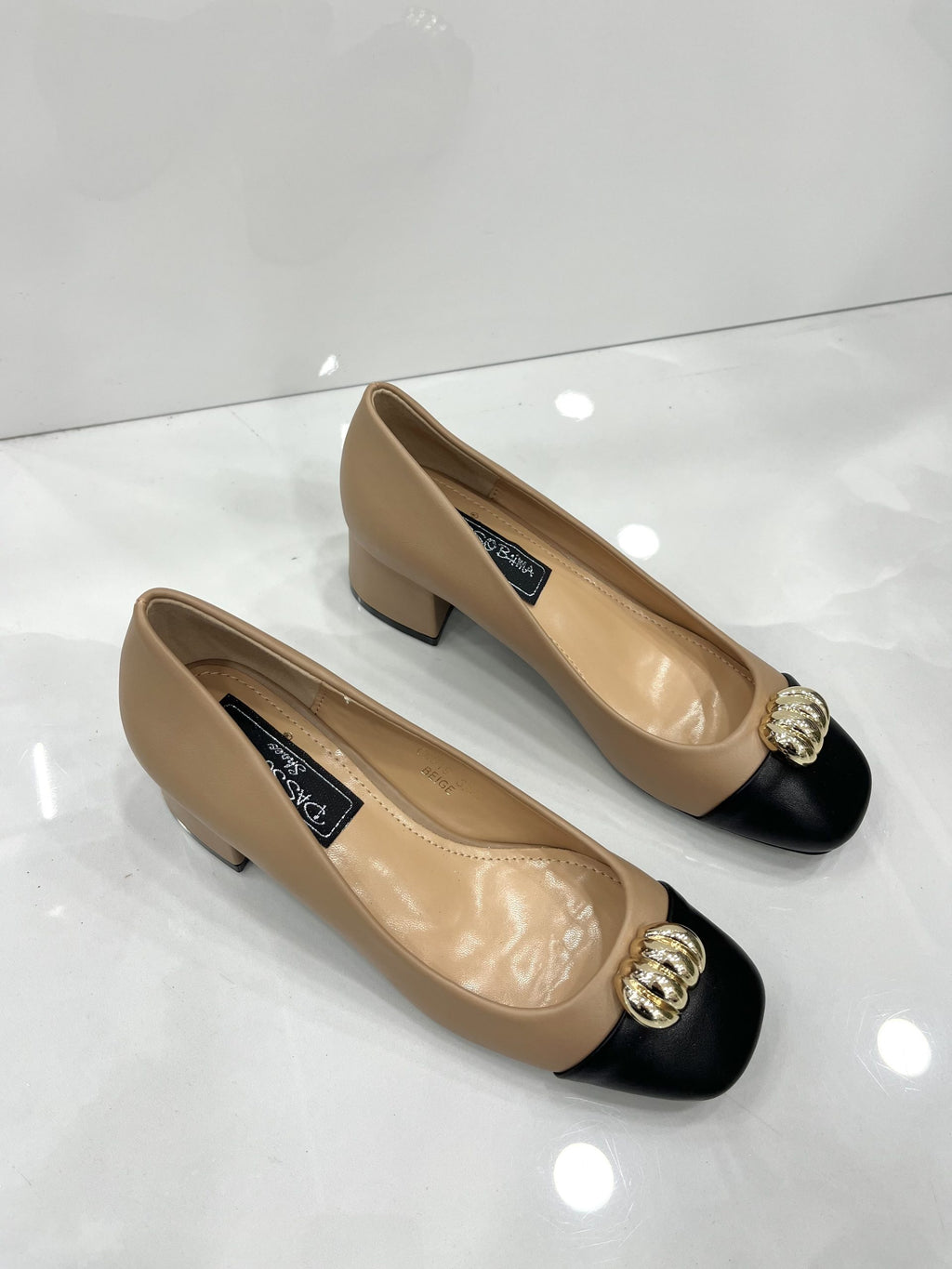 Heels με Χοντρό Μεσαίο Τακούνι Beige/Black