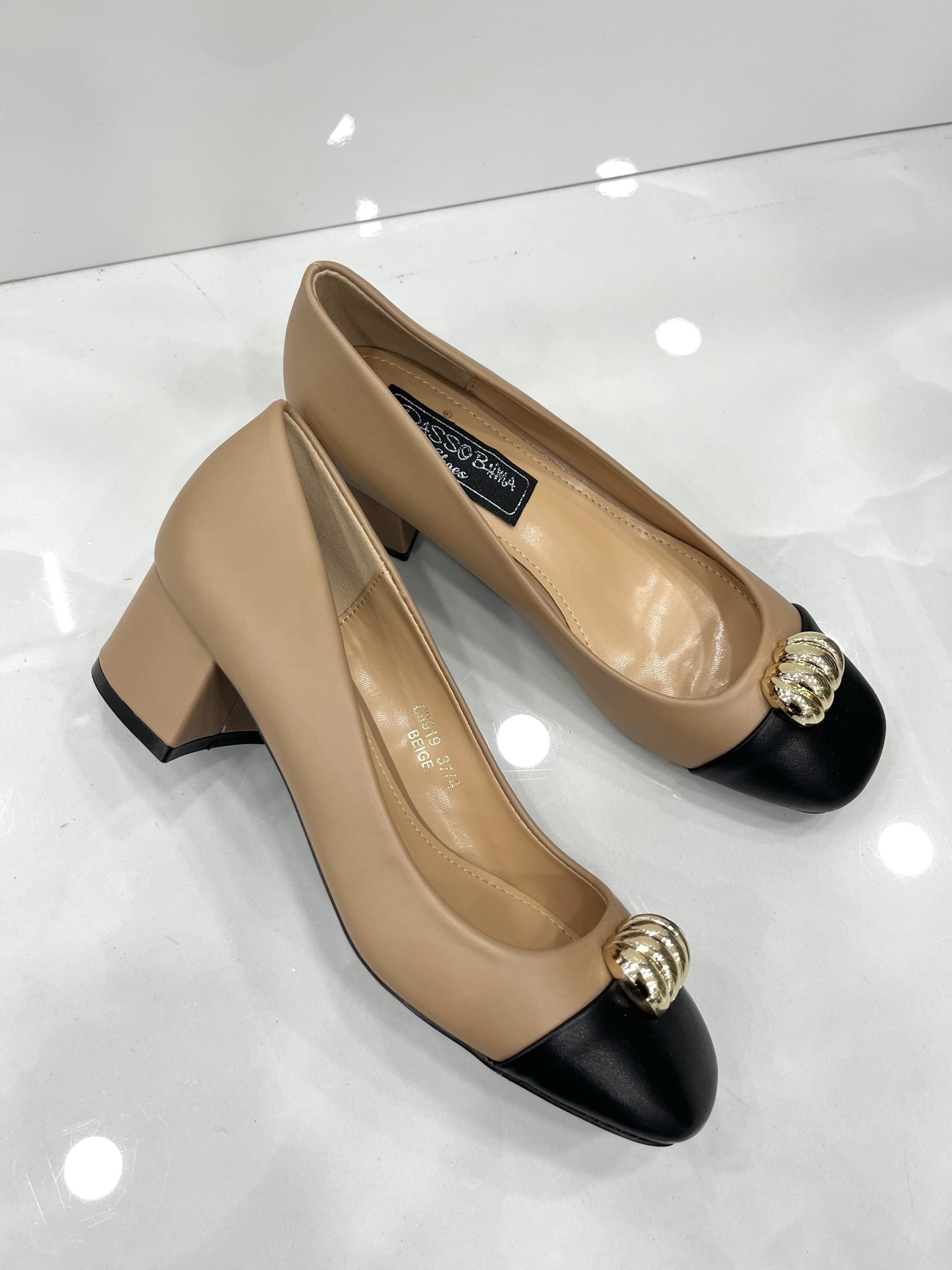 Heels με Χοντρό Μεσαίο Τακούνι Beige/Black