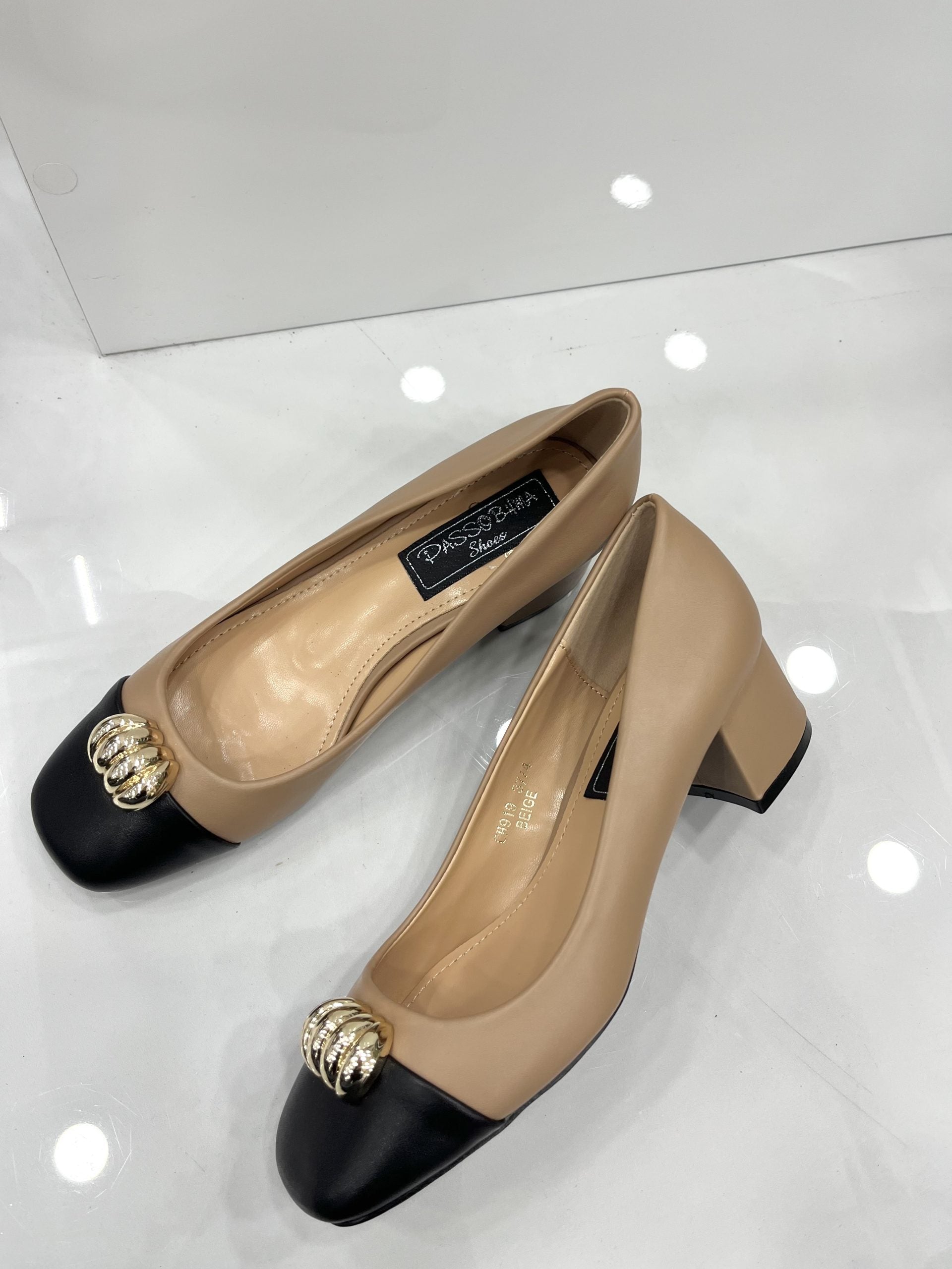 Heels με Χοντρό Μεσαίο Τακούνι Beige/Black