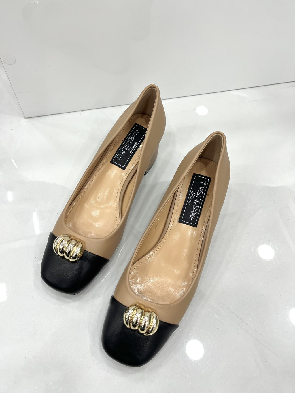 Heels με Χοντρό Μεσαίο Τακούνι Beige/Black