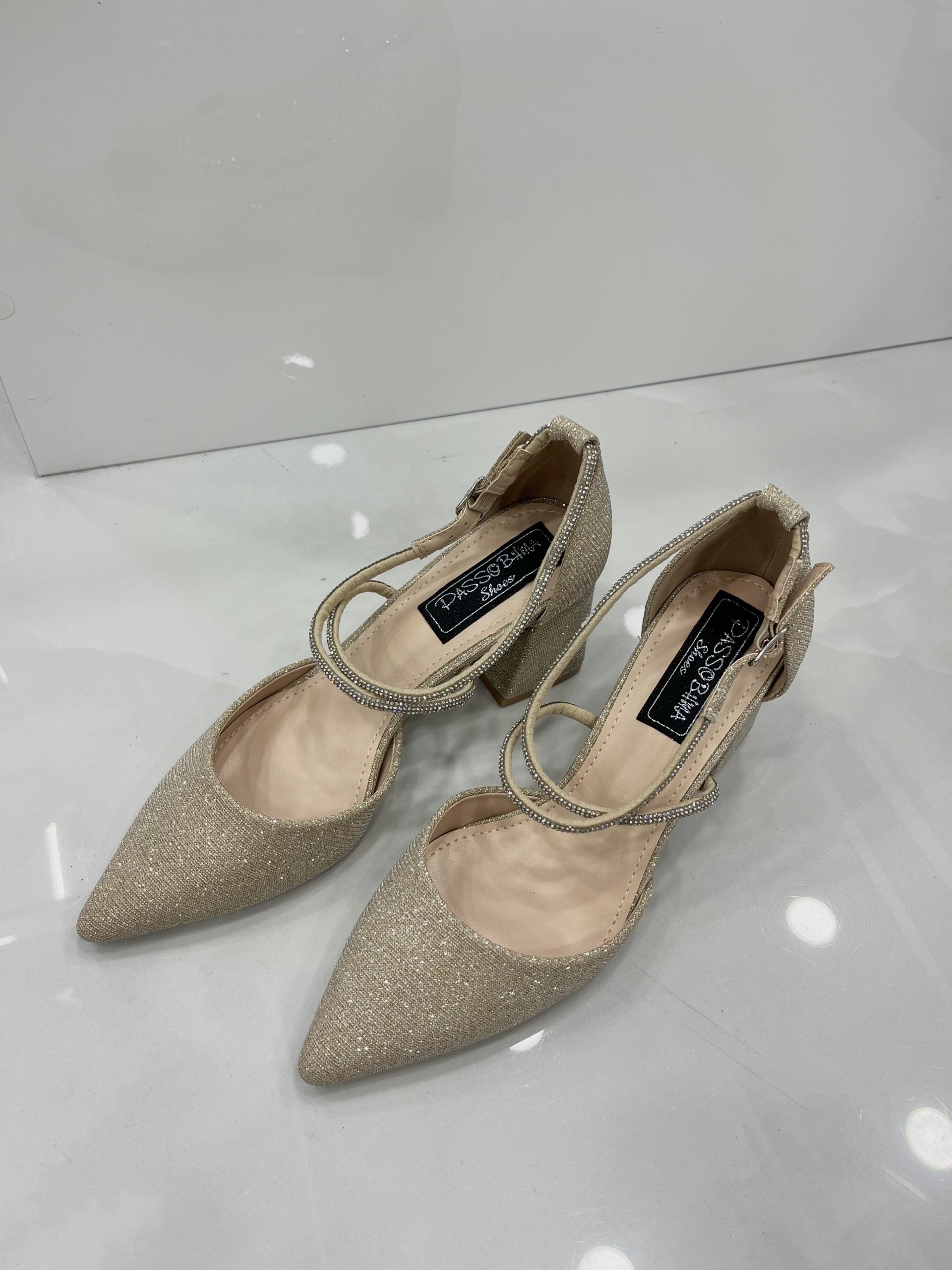 Heels με Χοντρό Μεσαίο Τακούνι Strass Gold