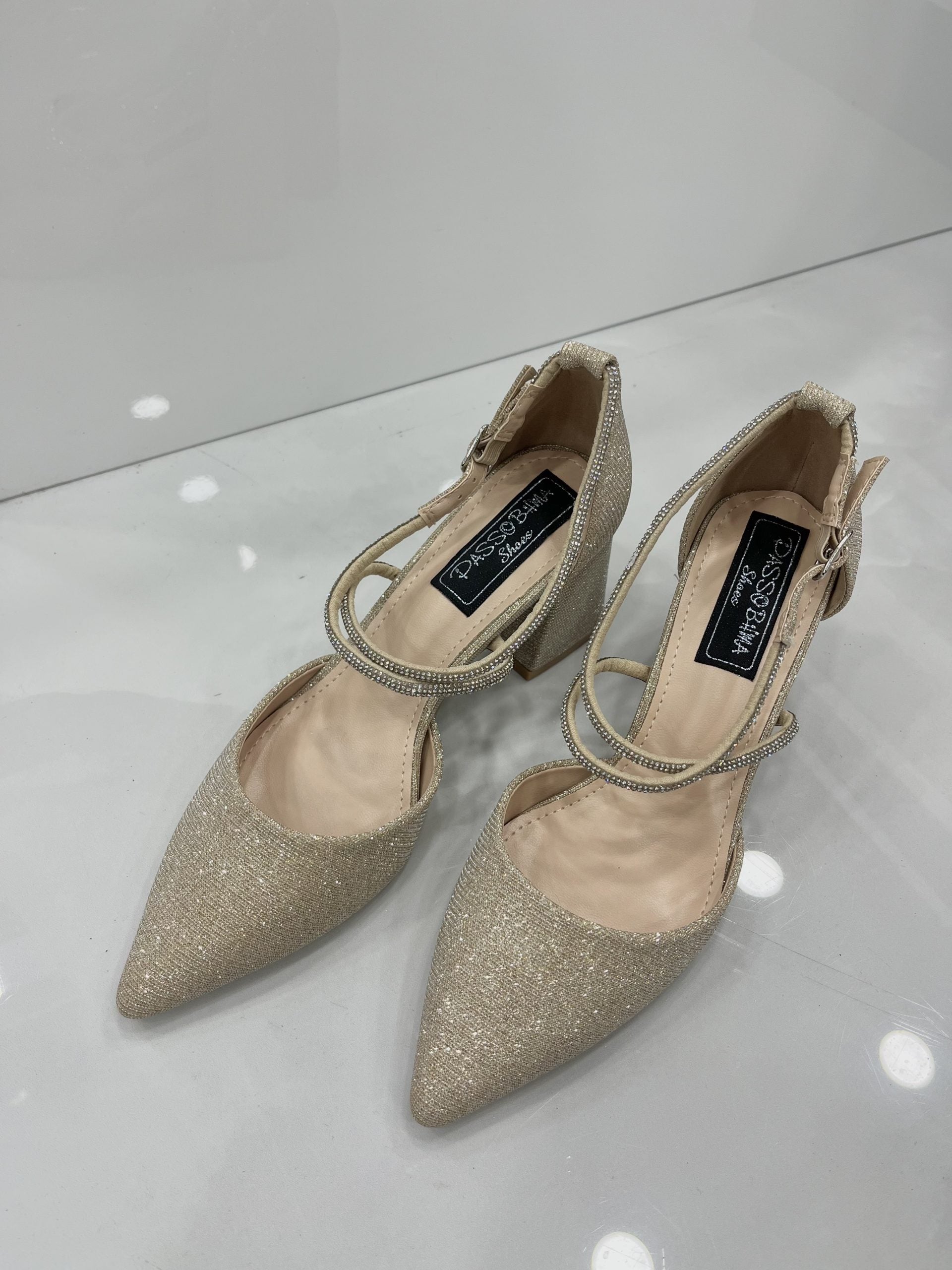 Heels με Χοντρό Μεσαίο Τακούνι Strass Gold