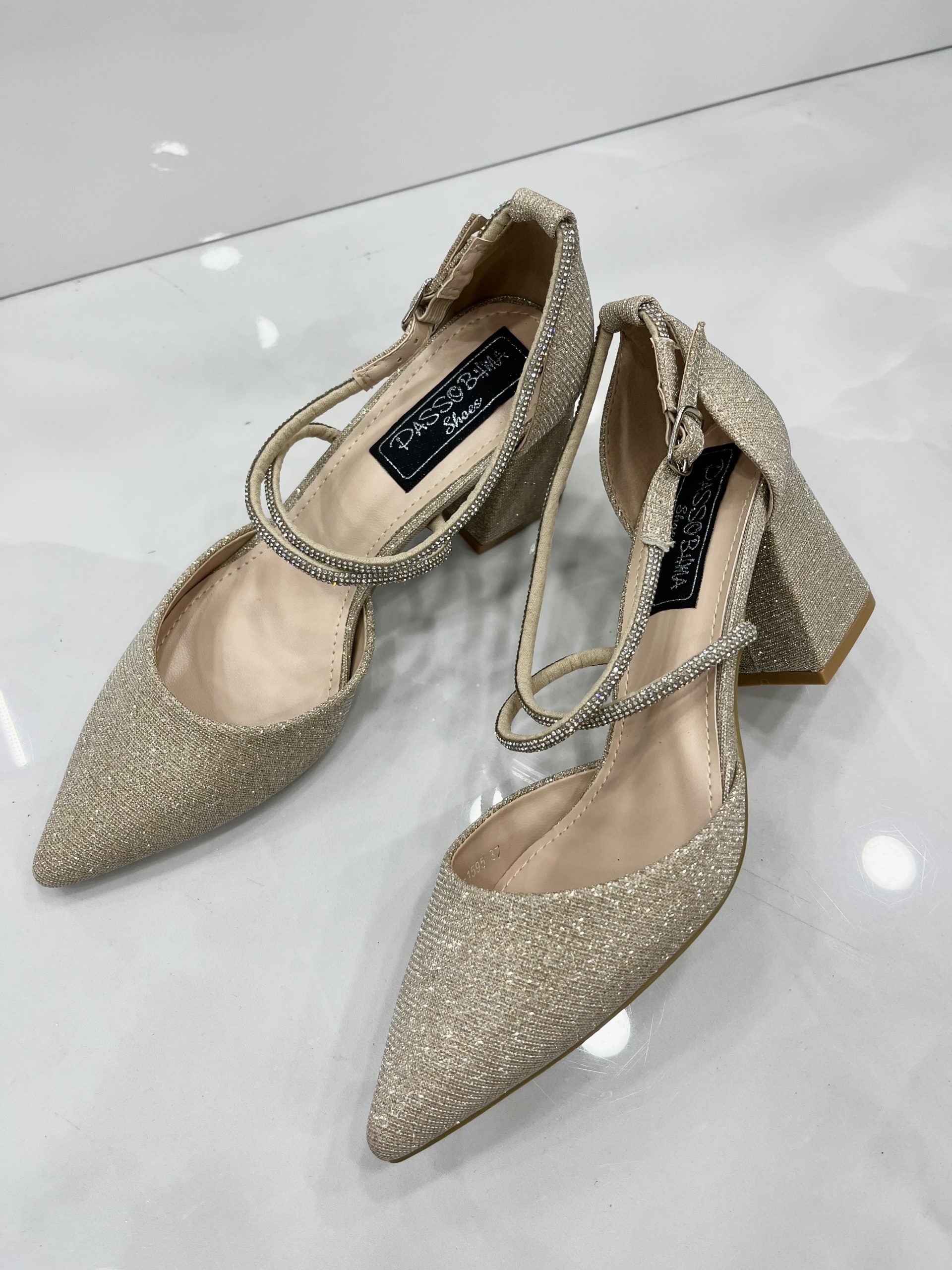 Heels με Χοντρό Μεσαίο Τακούνι Strass Gold