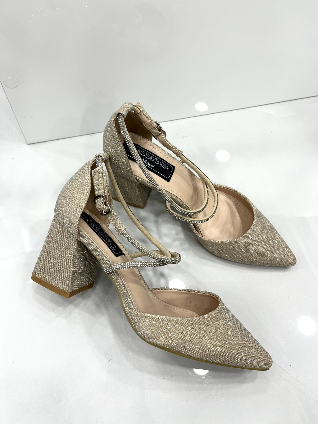 Heels με Χοντρό Μεσαίο Τακούνι Strass Gold