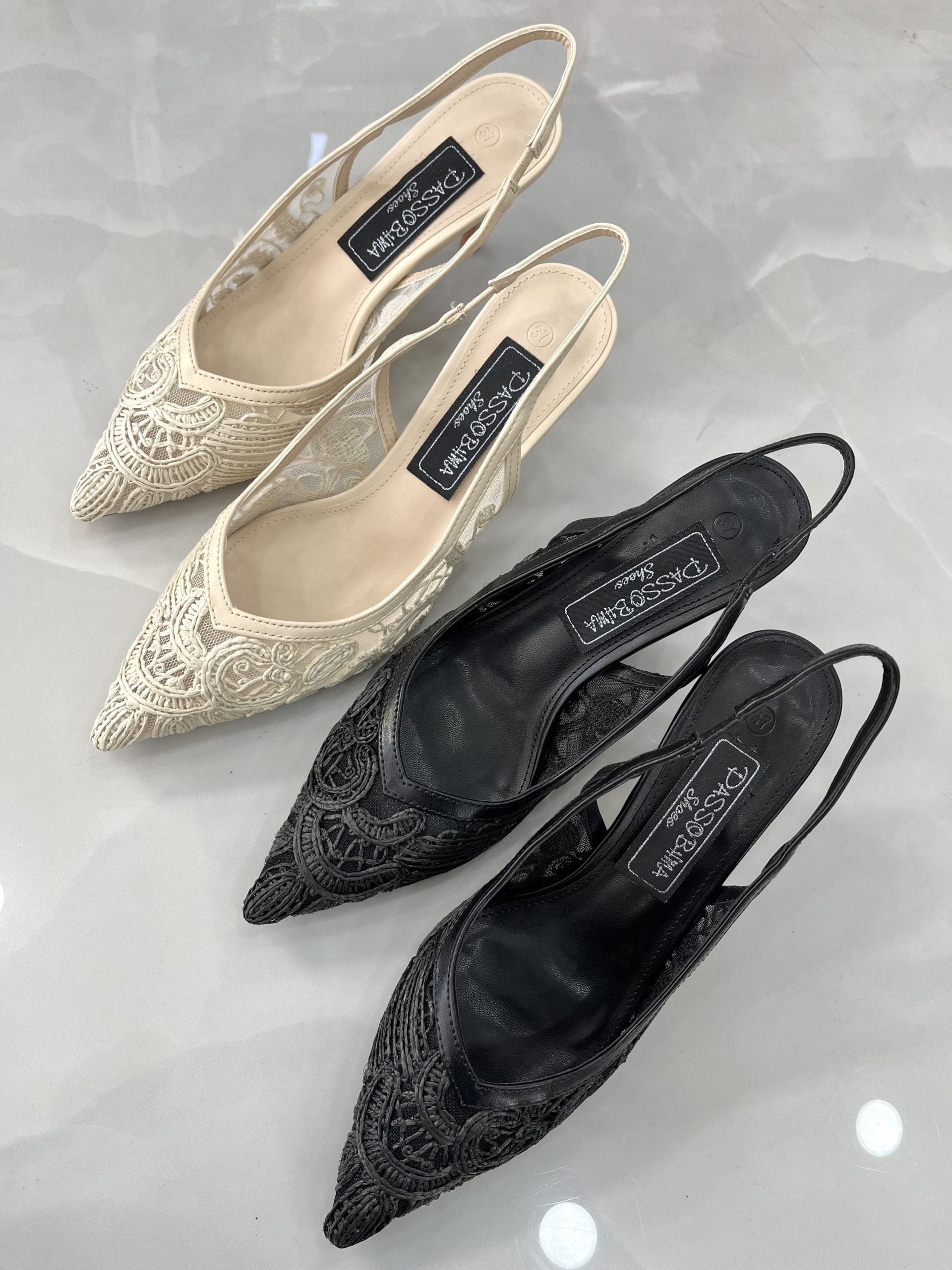 Heels Mule με Λεπτό Μεσαίο Τακούνι Δαντέλα Black