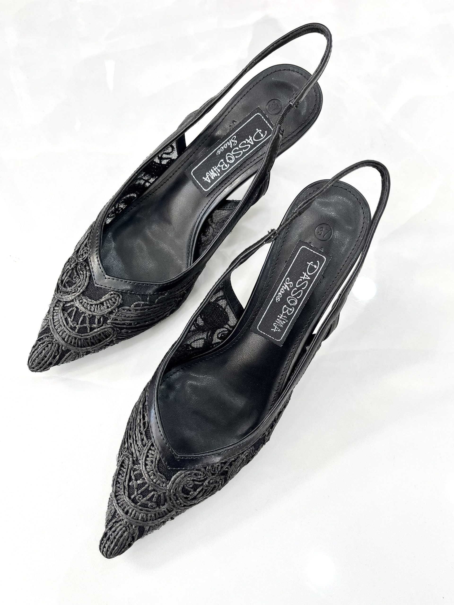 Heels Mule με Λεπτό Μεσαίο Τακούνι Δαντέλα Black